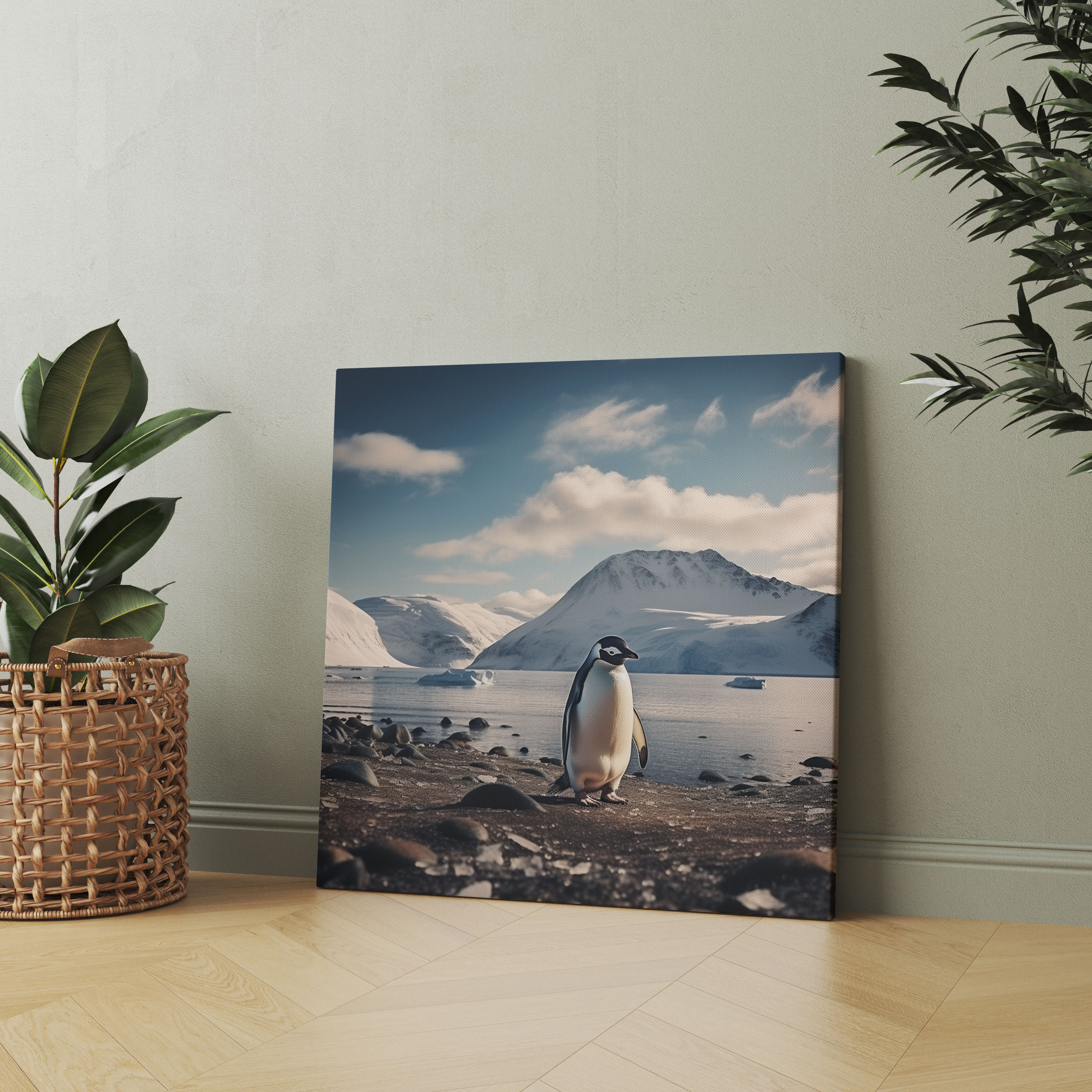 Penguen Kanvas Tablo - Karla Kaplı Plajda Huzurlu Penguen Fotoğrafı - Penguen Huzurlu Penguen Fotoğrafı Dağlar Duvar Sanatı
