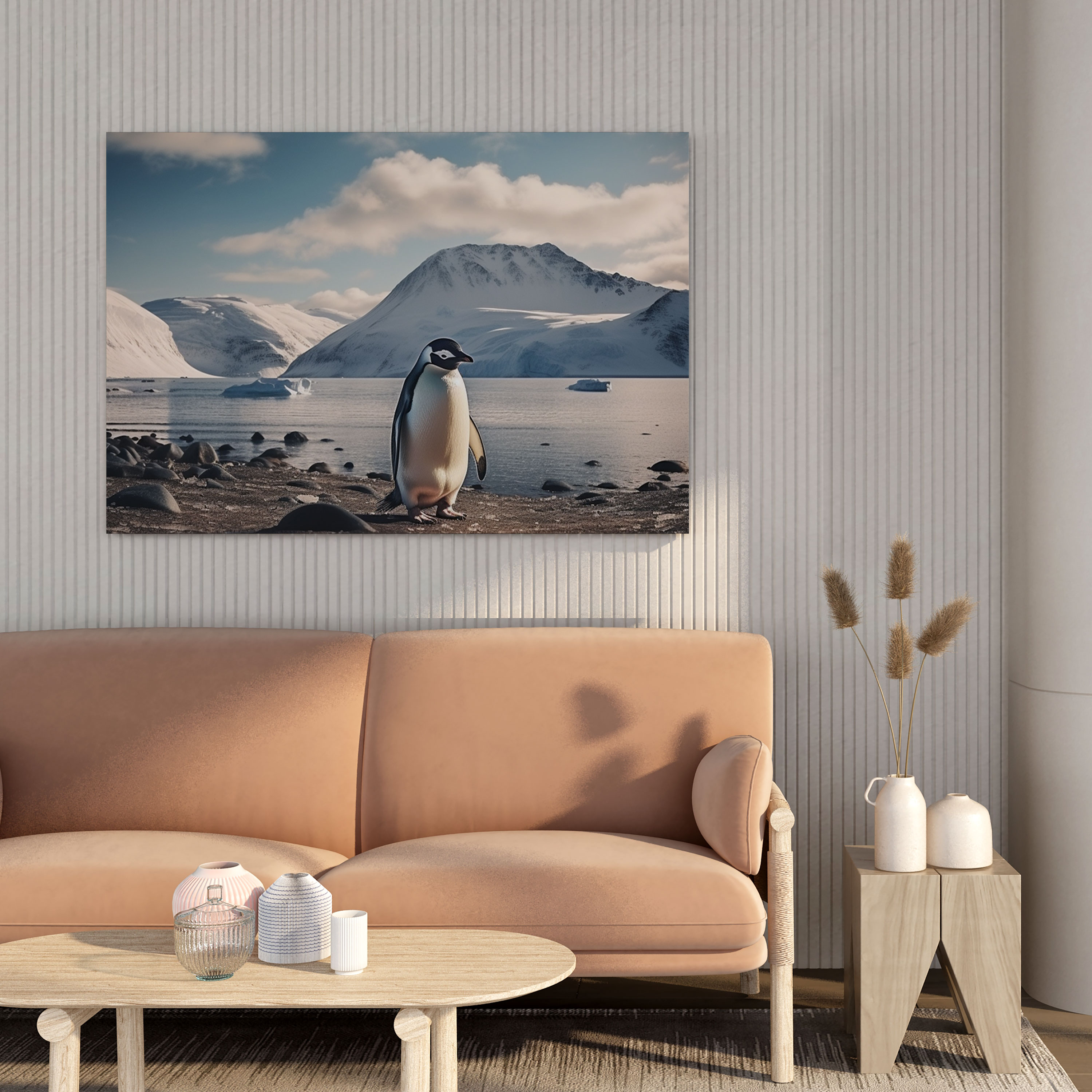 Penguen Kanvas Tablo - Karla Kaplı Plajda Huzurlu Penguen Fotoğrafı - Penguen Huzurlu Penguen Fotoğrafı Dağlar Duvar Sanatı