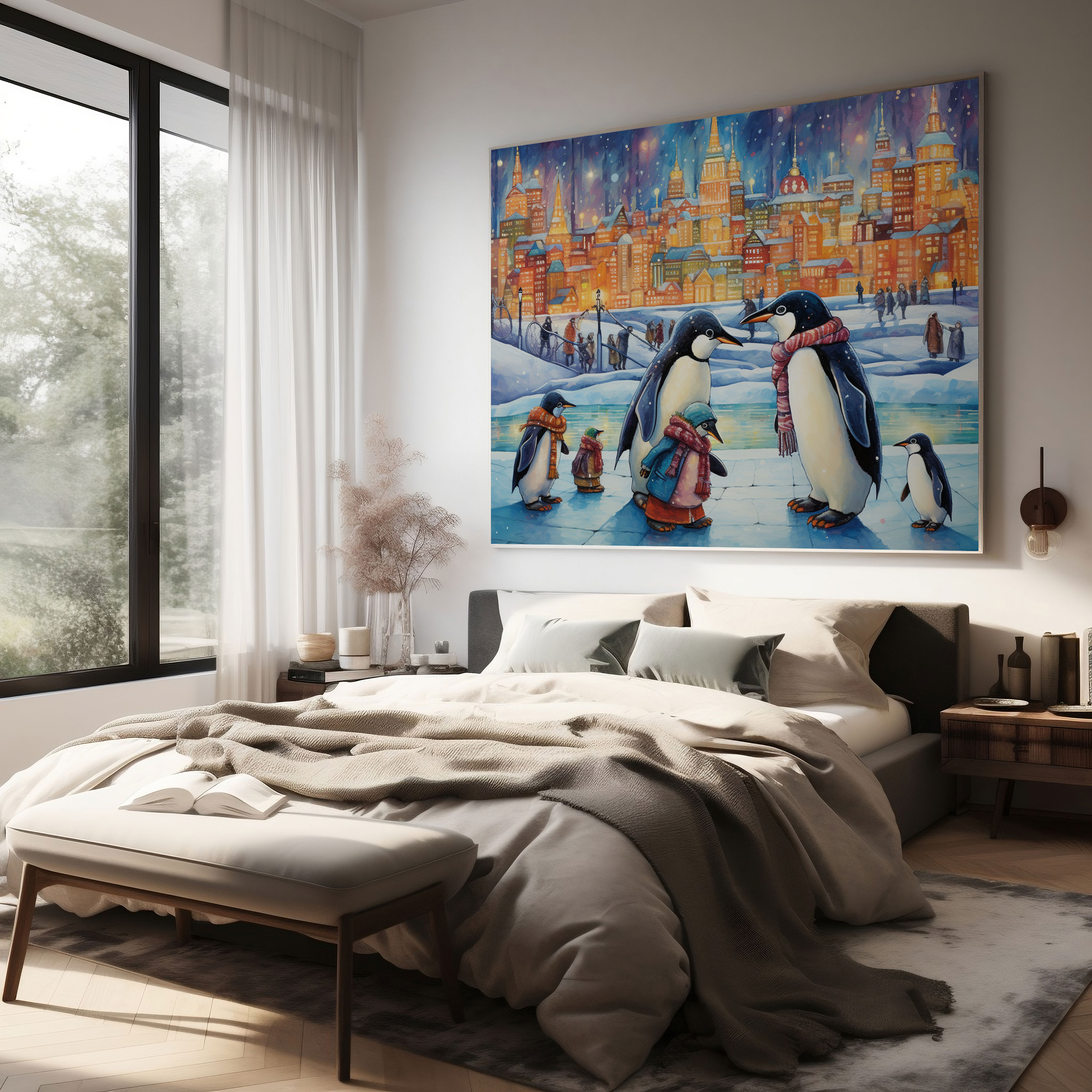 Penguen Kanvas Tablo - Masalsı Paten Kayan Penguenler - Penguen Kış Diyarı Duvar Süsü Neşeli
