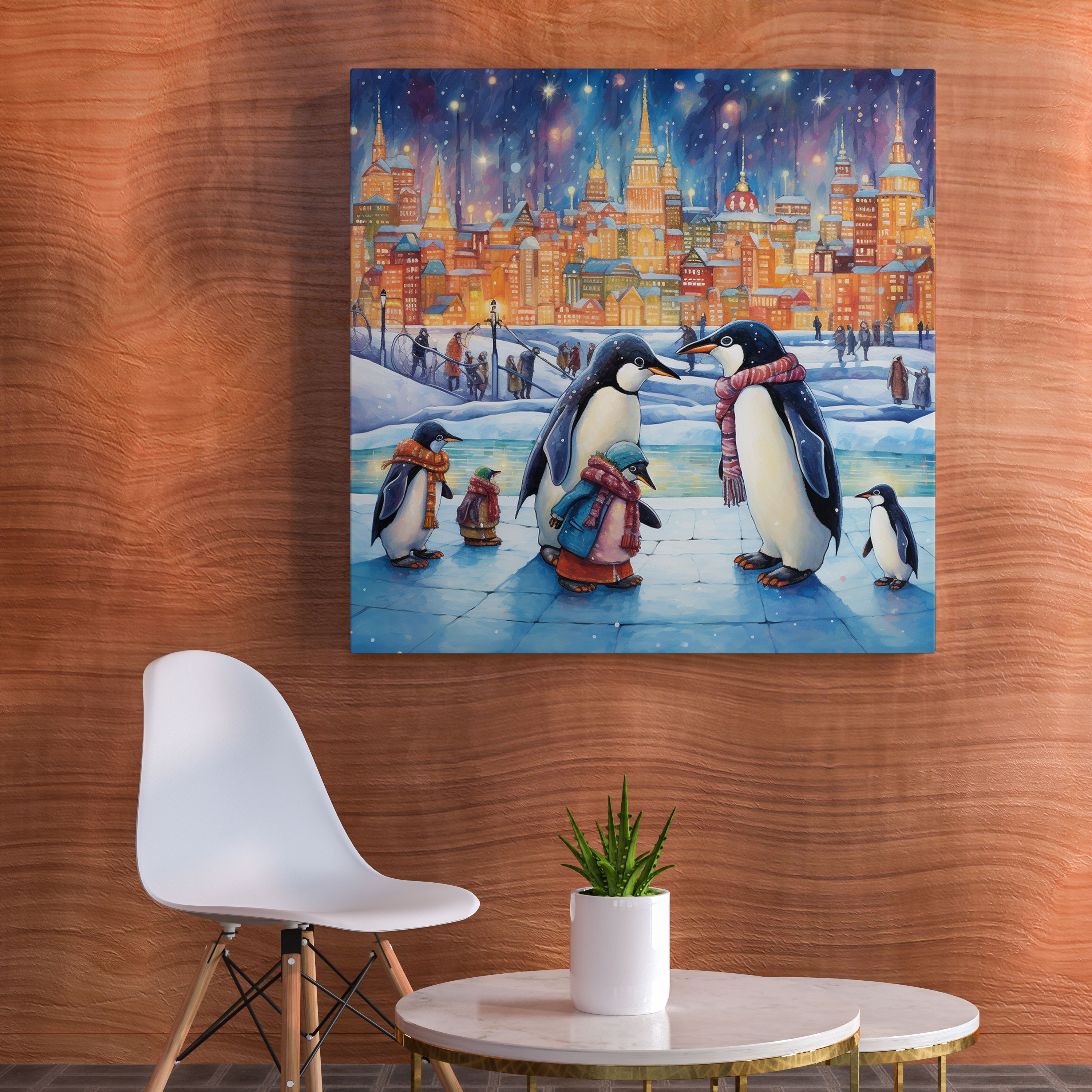 Penguen Kanvas Tablo - Masalsı Paten Kayan Penguenler - Penguen Kış Diyarı Duvar Süsü Neşeli
