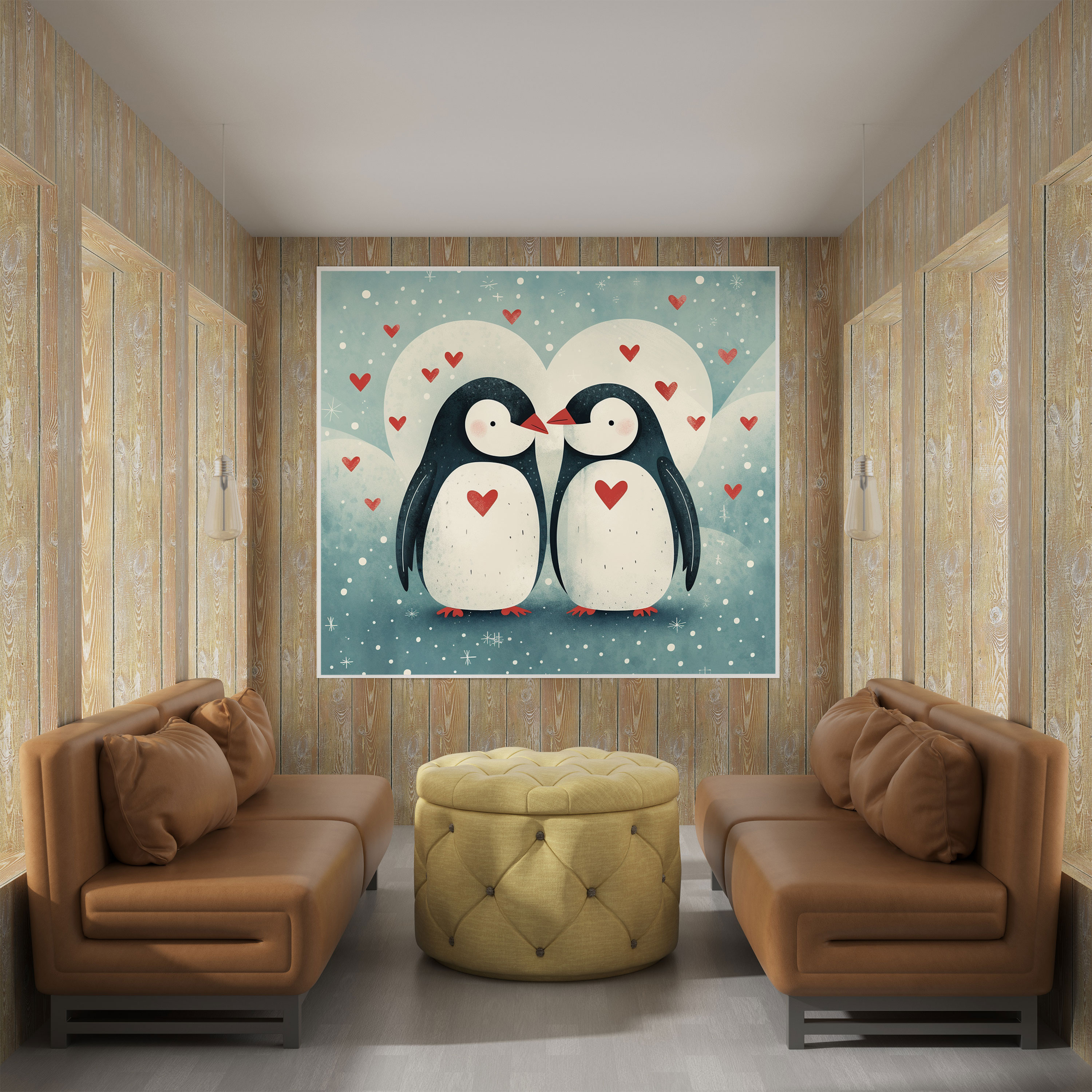 Penguin Canvas Print - Whimsical Heart Penguins - Penguin, Charming, Wall Decoration, Cartoon-Like Illustration