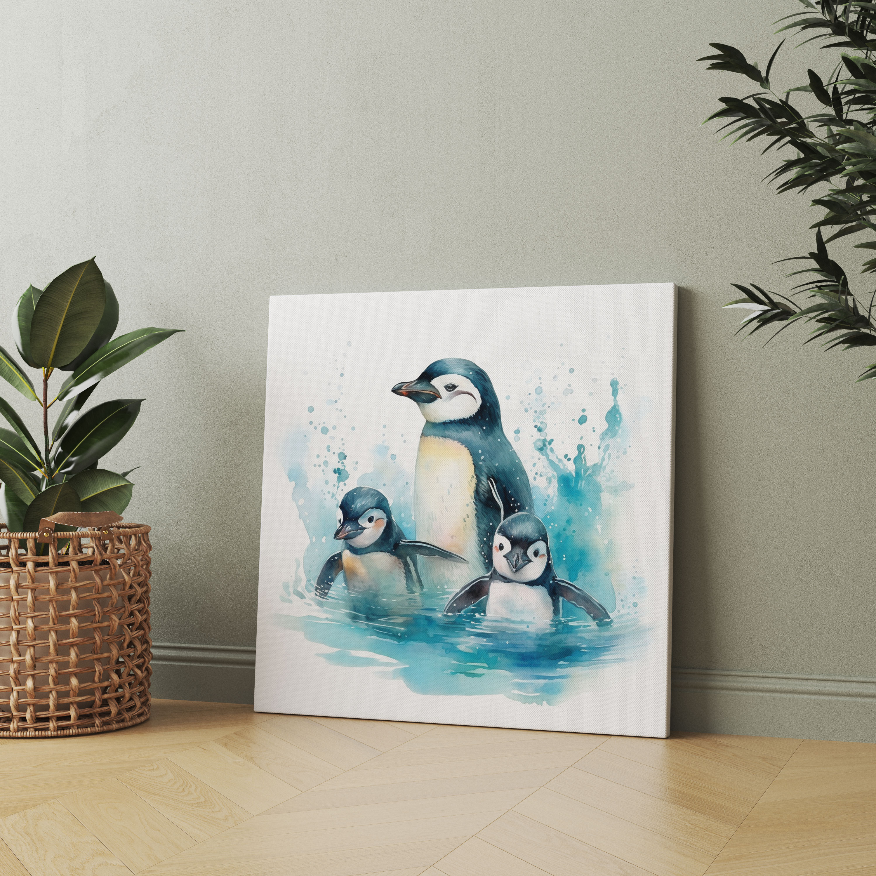 Penguin Wall Art - Cute Penguin Family In Watercolor - Penguin, Canvas Print, Crystal Clear Waters, Penguin