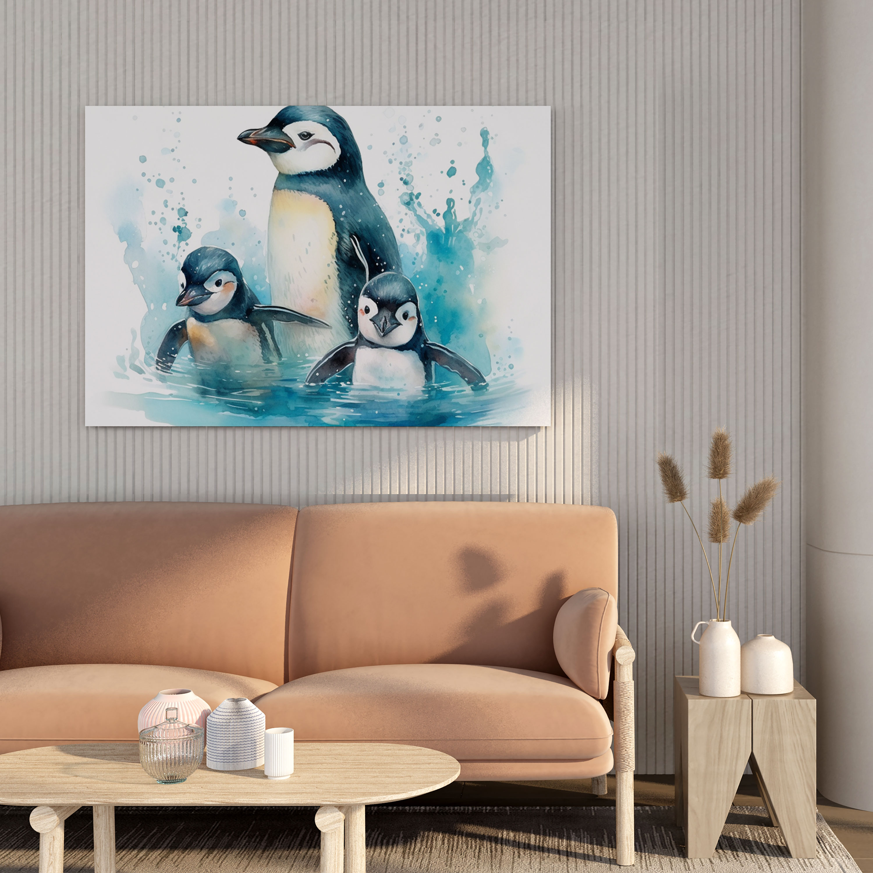 Penguin Wall Art - Cute Penguin Family In Watercolor - Penguin, Canvas Print, Crystal Clear Waters, Penguin