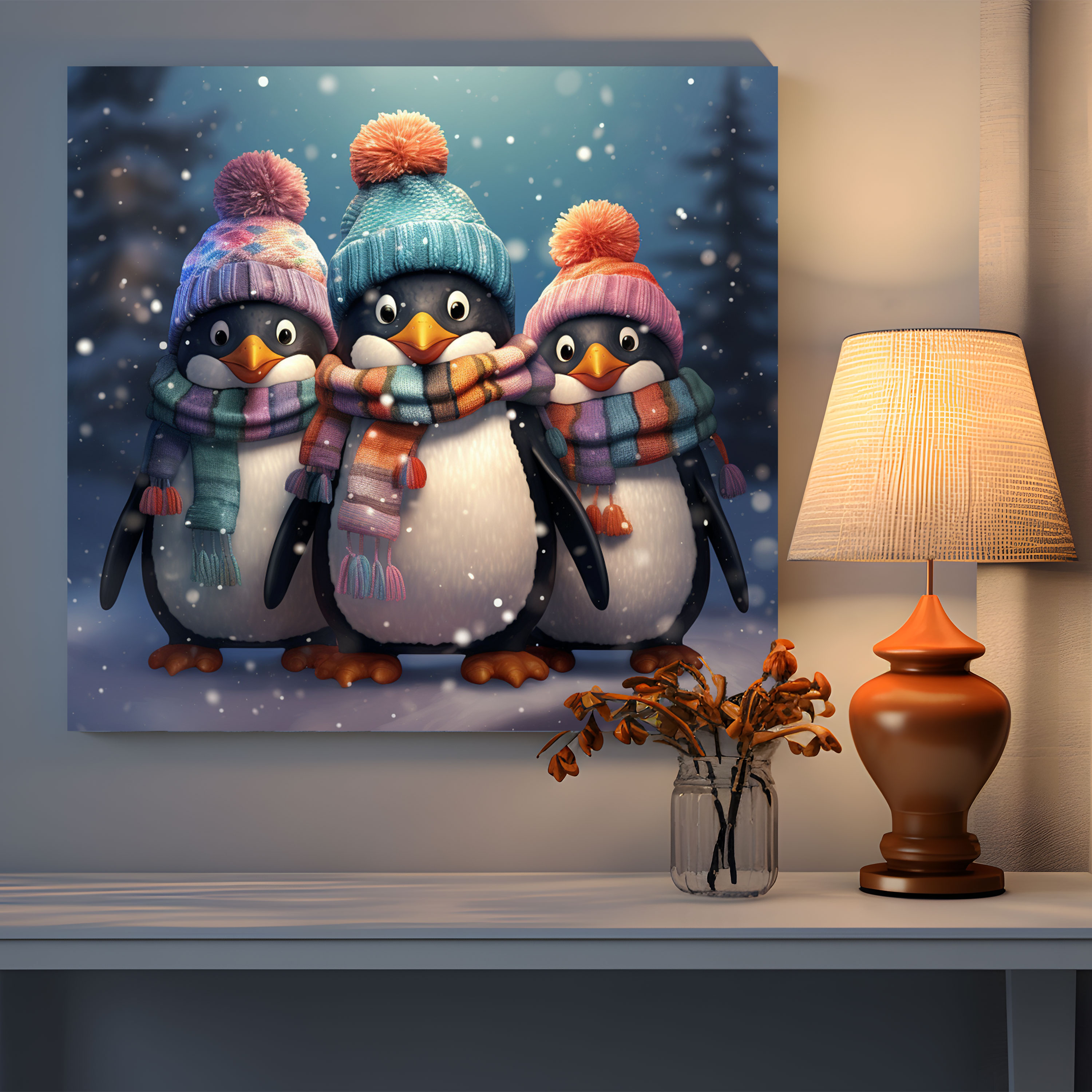 Renkli Penguen Duvar Sanatı - Sevimli Penguenler Dijital İllüstrasyonda - Penguen Sevimli Penguenler Kanvas Tablo Duvar Sanatı