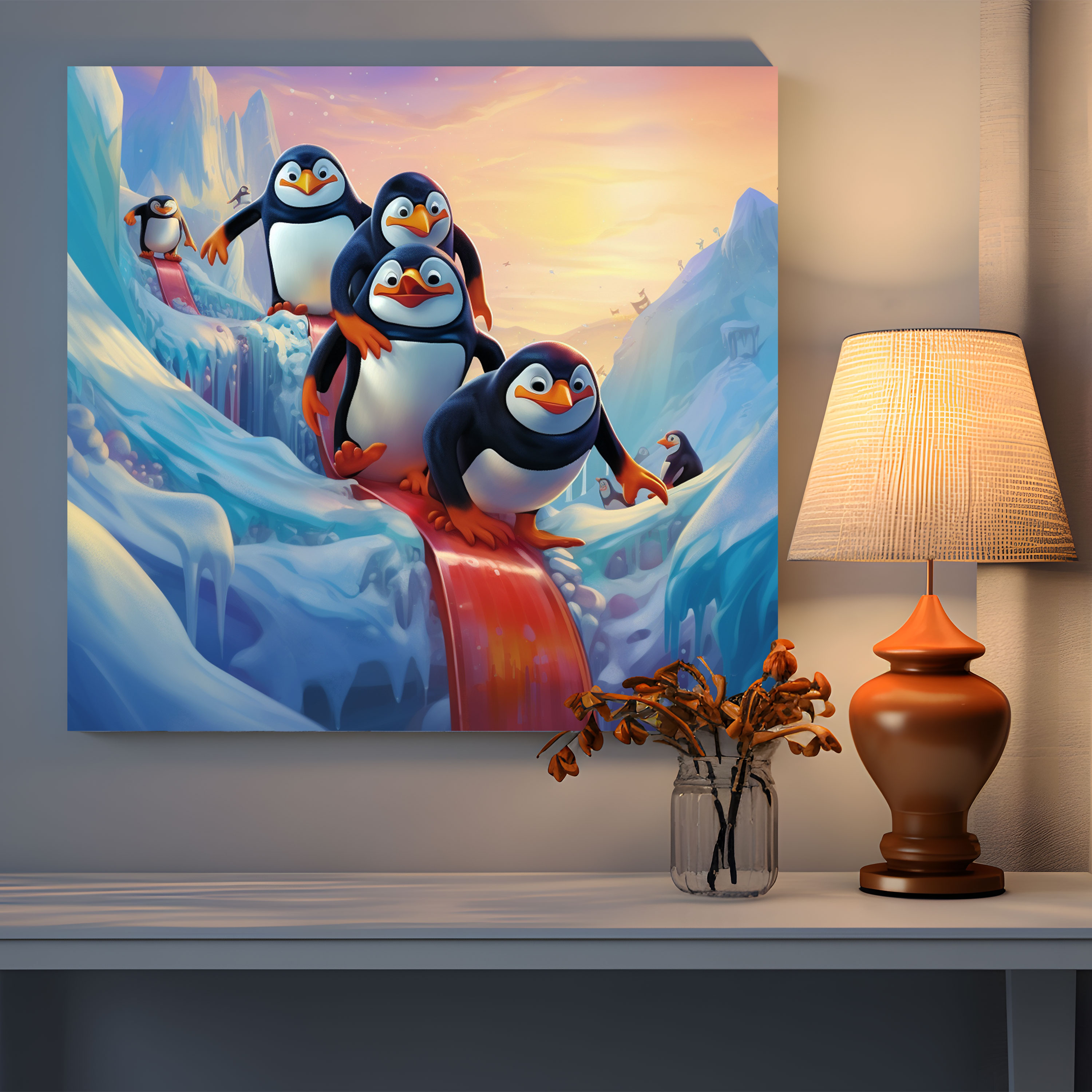 Penguin Canvas Print - Playful Sliding Penguins - Penguin, Canvas, Canvas Wall Art, Playful Penguins