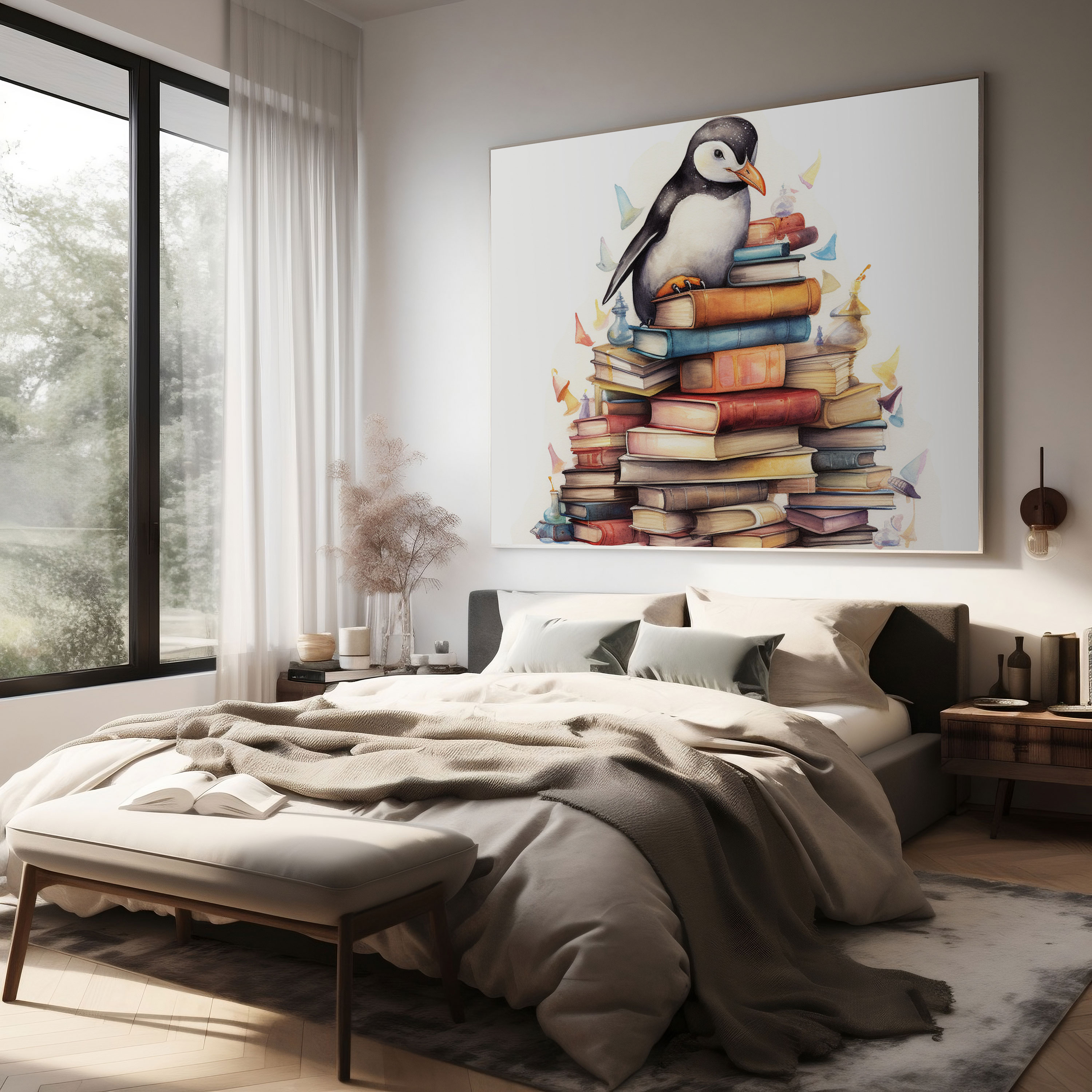 Penguin Canvas Print - Whimsical Book Lover - Penguin, Whimsical Watercolor Illustration, Canvas Print, Penguin