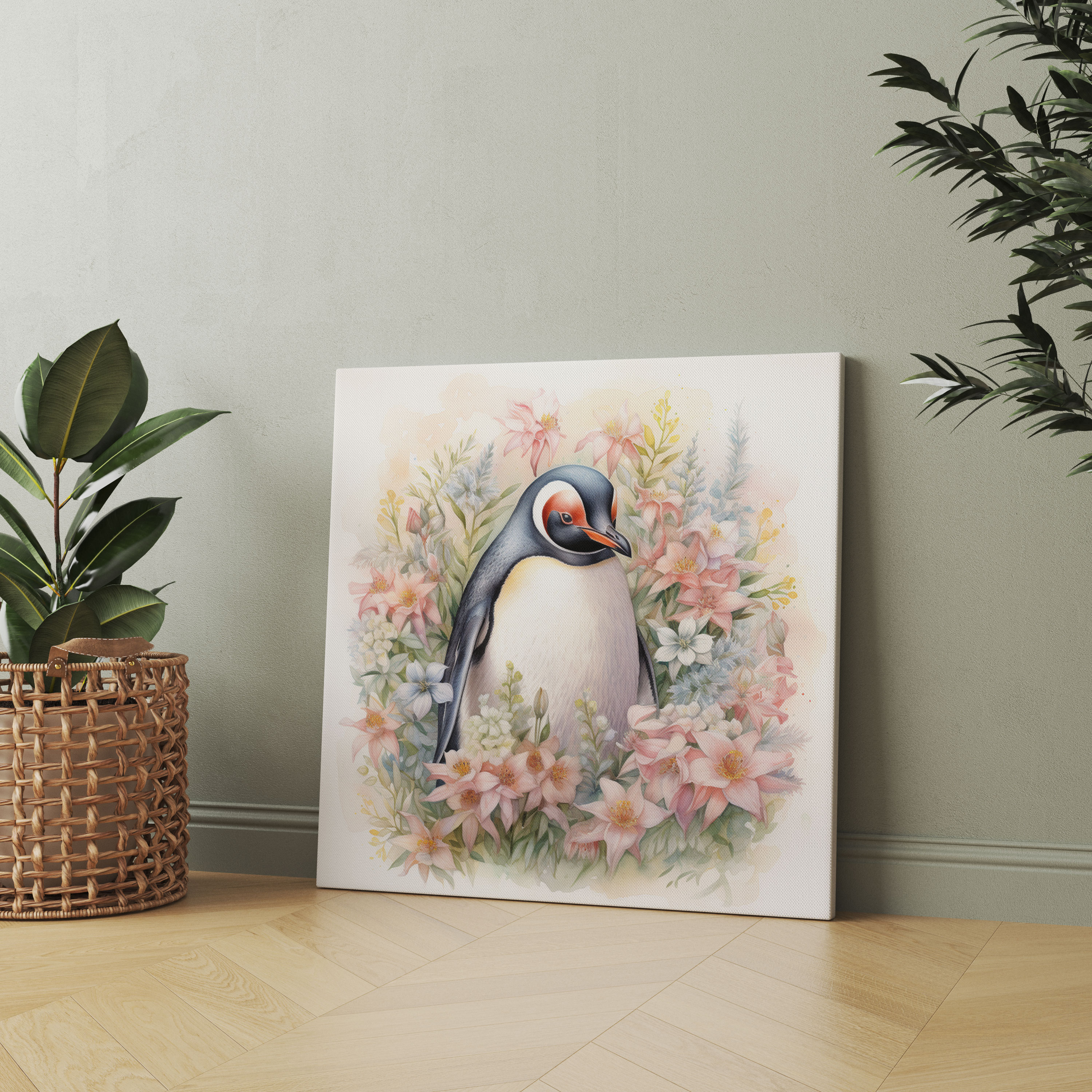 Penguen Duvar Sanatı - Botanik Penguen Cenneti - Penguen Doğadan Esinlenen Bol Çiçekli Duvar Sanatı