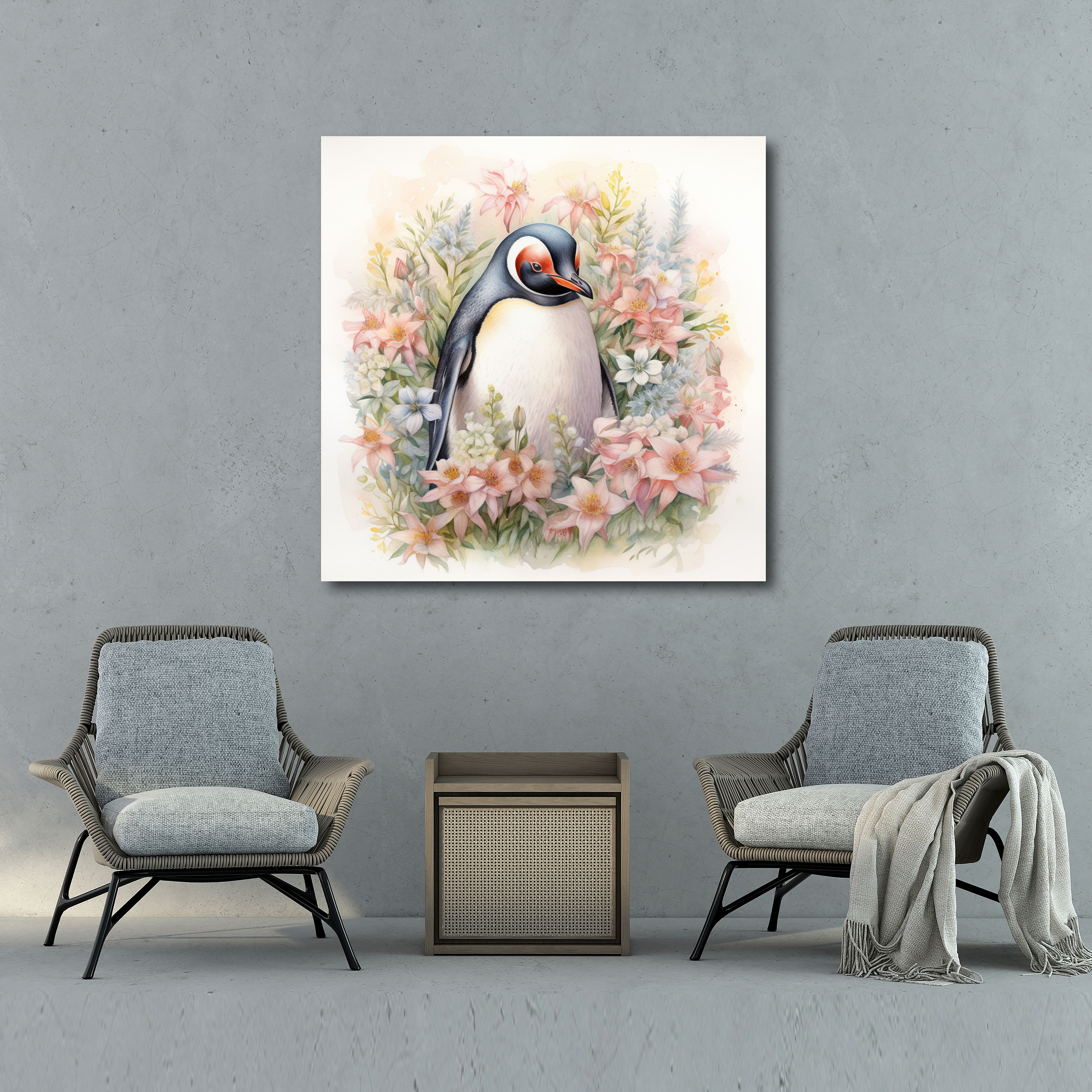 Penguen Duvar Sanatı - Botanik Penguen Cenneti - Penguen Doğadan Esinlenen Bol Çiçekli Duvar Sanatı