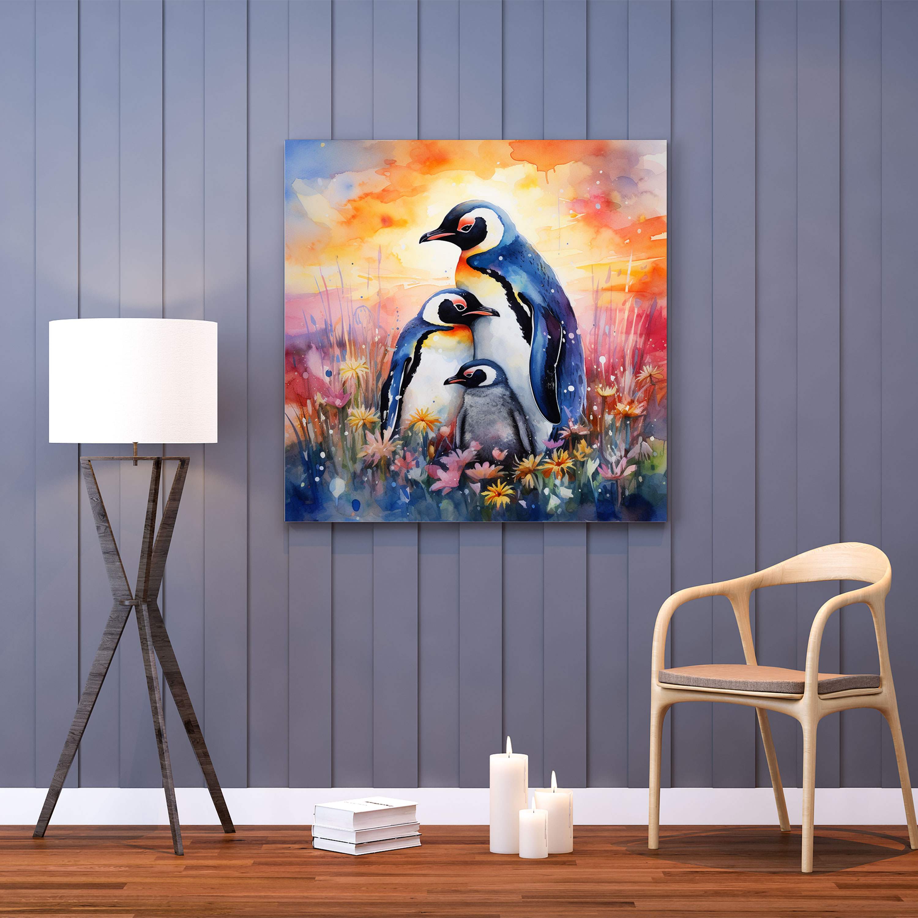 Penguen Ailesi Kanvas Tablo Duvar Sanatı - Penguen Birlikte Sıkışmış Penguen Ailesi