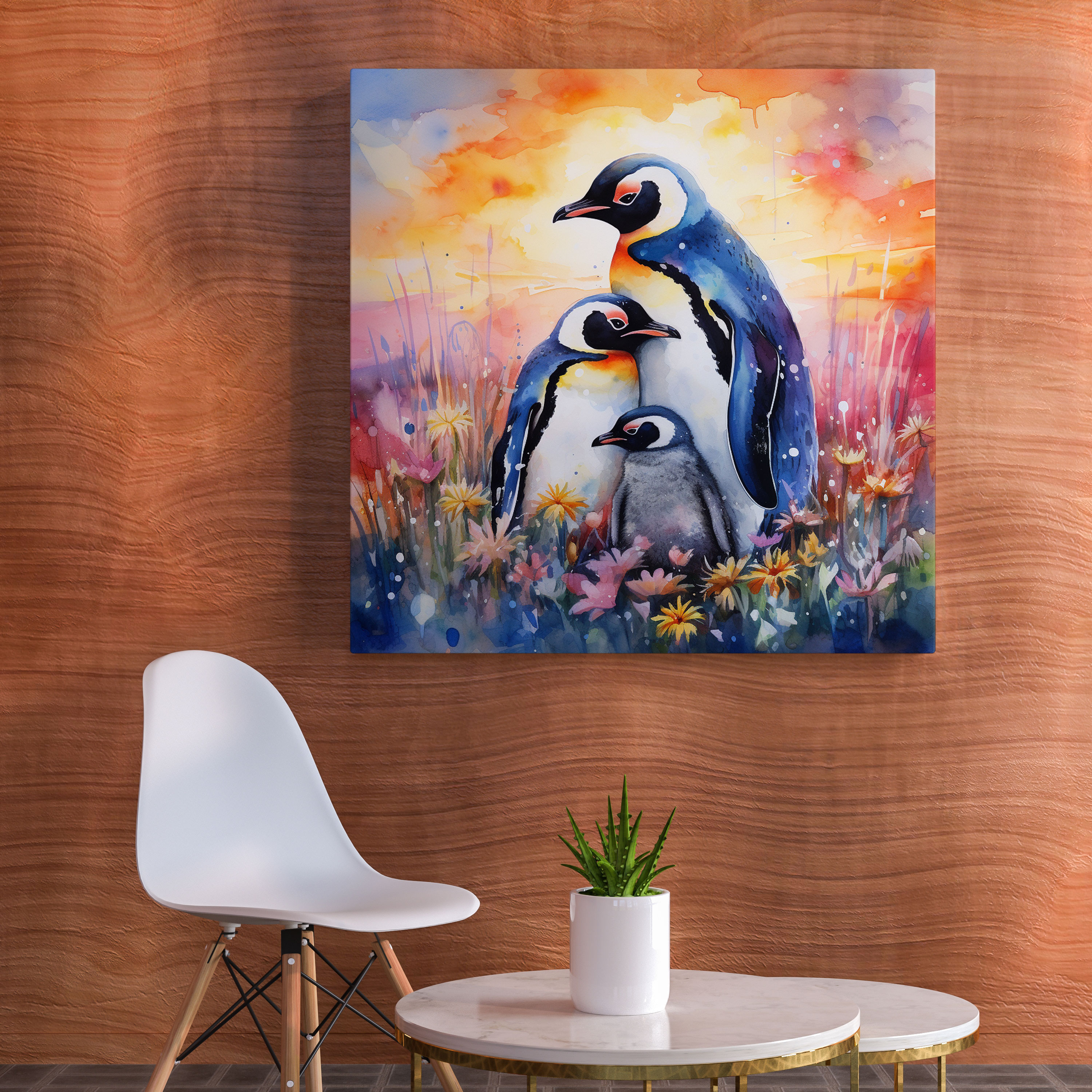 Penguen Ailesi Kanvas Tablo Duvar Sanatı - Penguen Birlikte Sıkışmış Penguen Ailesi
