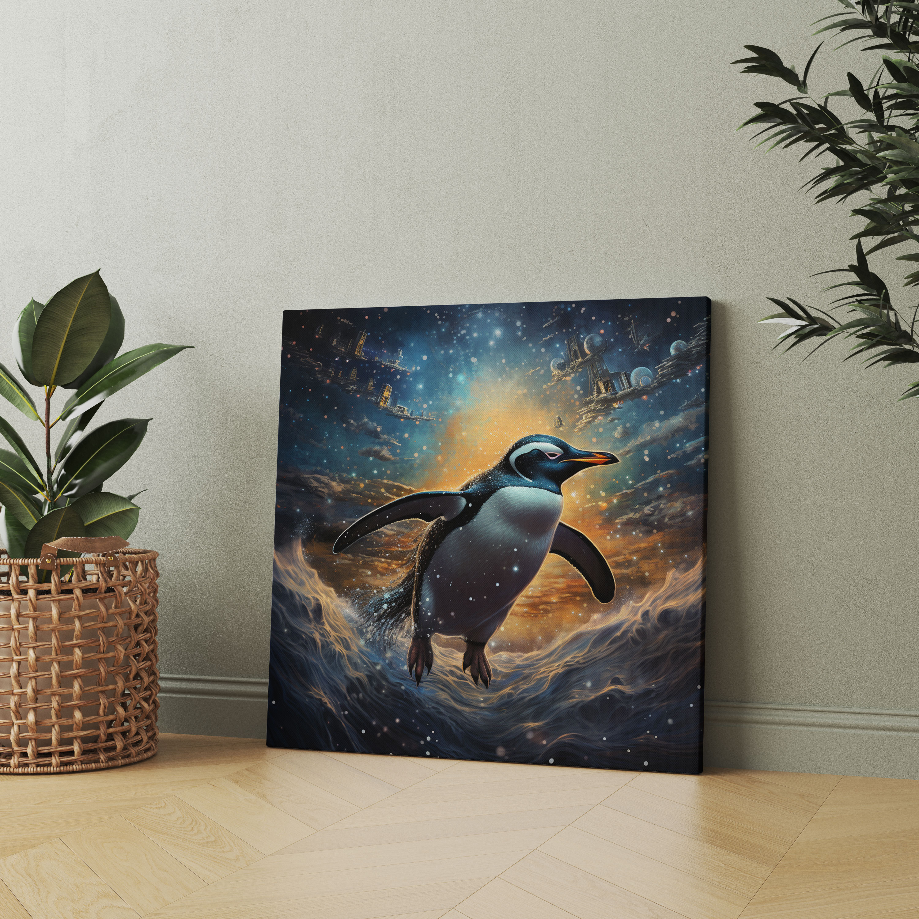 Starry Night Penguin Canvas Print Wall Art - Penguin, Surreal Artwork, Penguin, Canvas