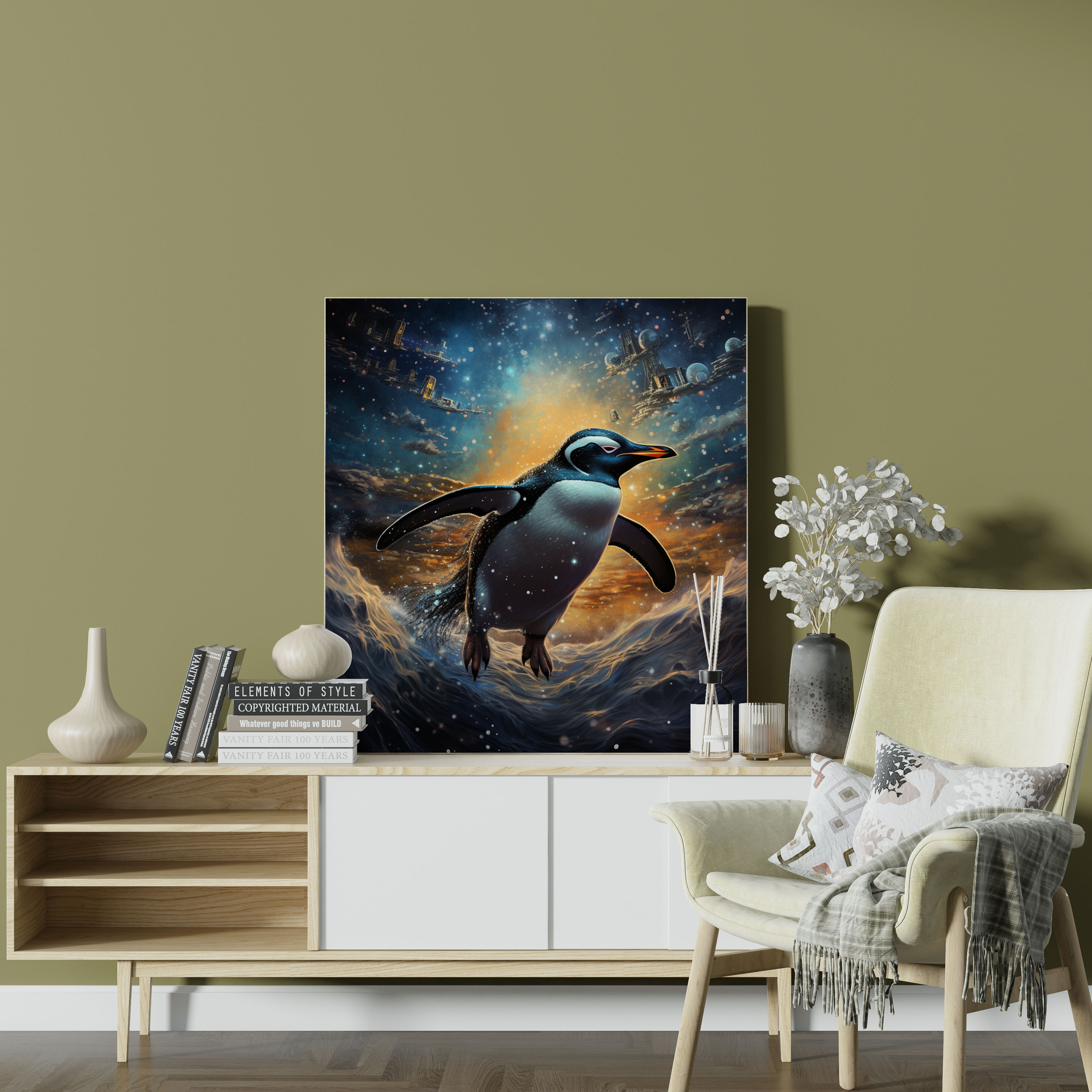 Starry Night Penguin Canvas Print Wall Art - Penguin, Surreal Artwork, Penguin, Canvas