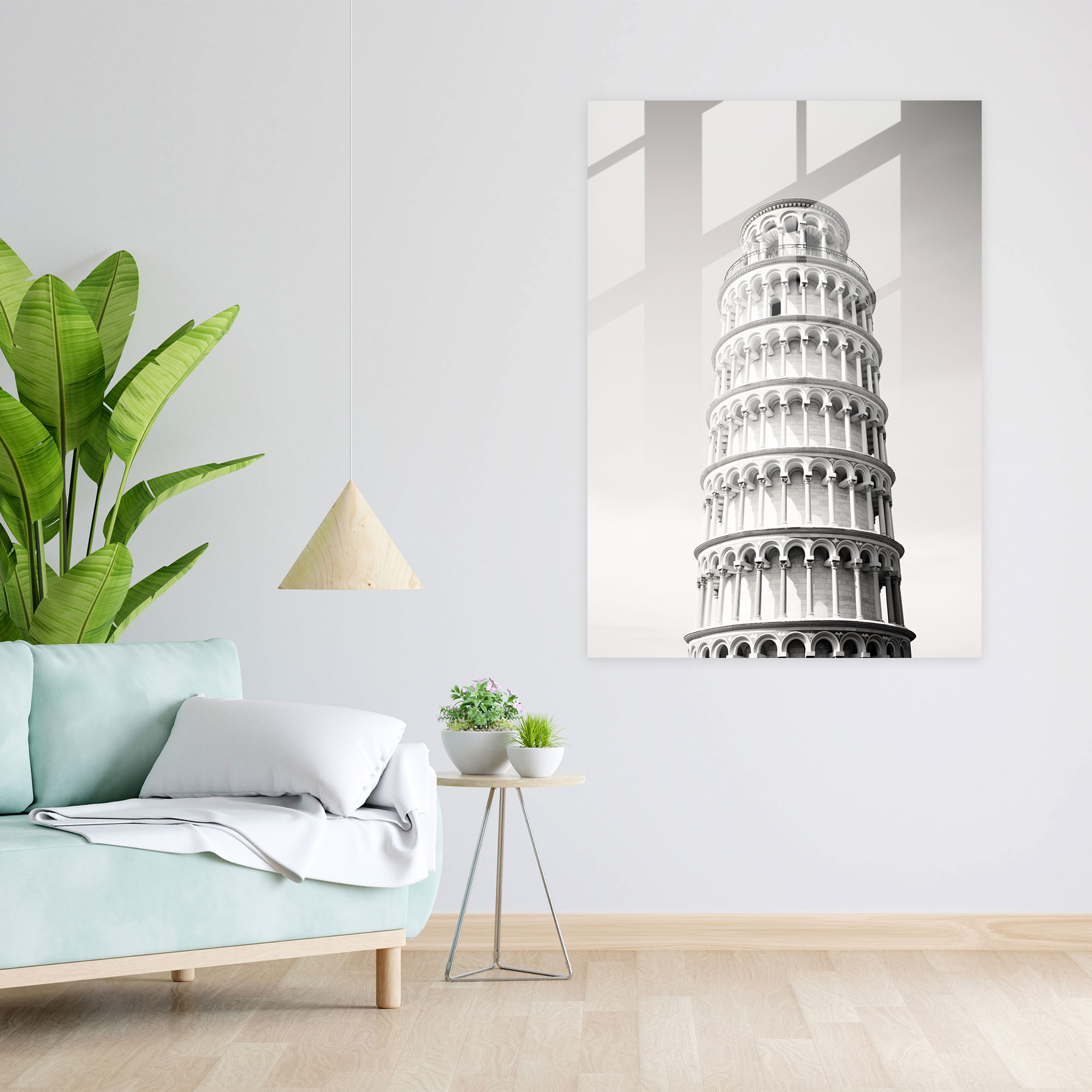 Leaning Tower Of Pisa Glass Wall Art - Leaning Tower Of Pisa, Close-Up Shot, Minimalist Black And White Photograph, Glass Art