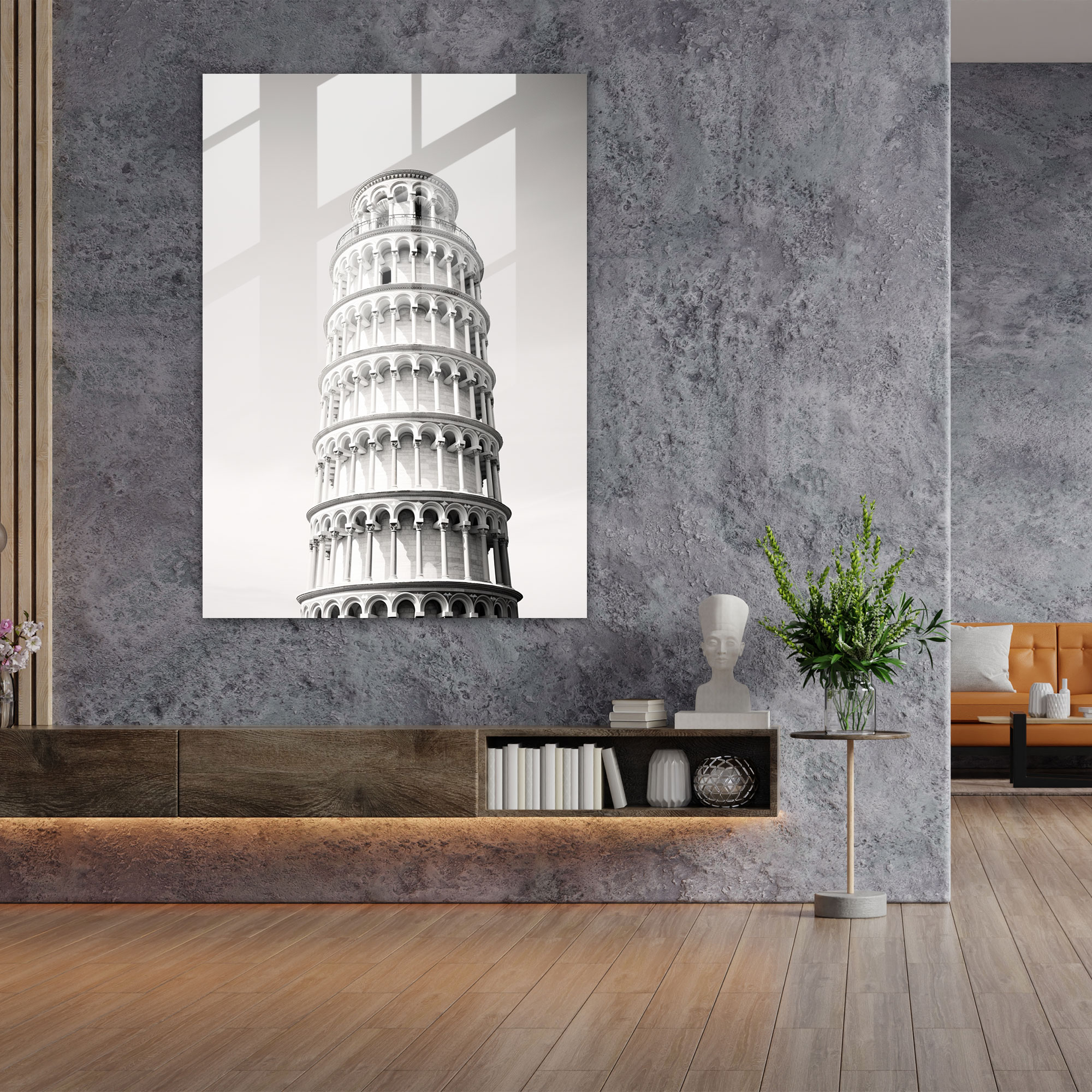 Leaning Tower Of Pisa Glass Wall Art - Leaning Tower Of Pisa, Close-Up Shot, Minimalist Black And White Photograph, Glass Art
