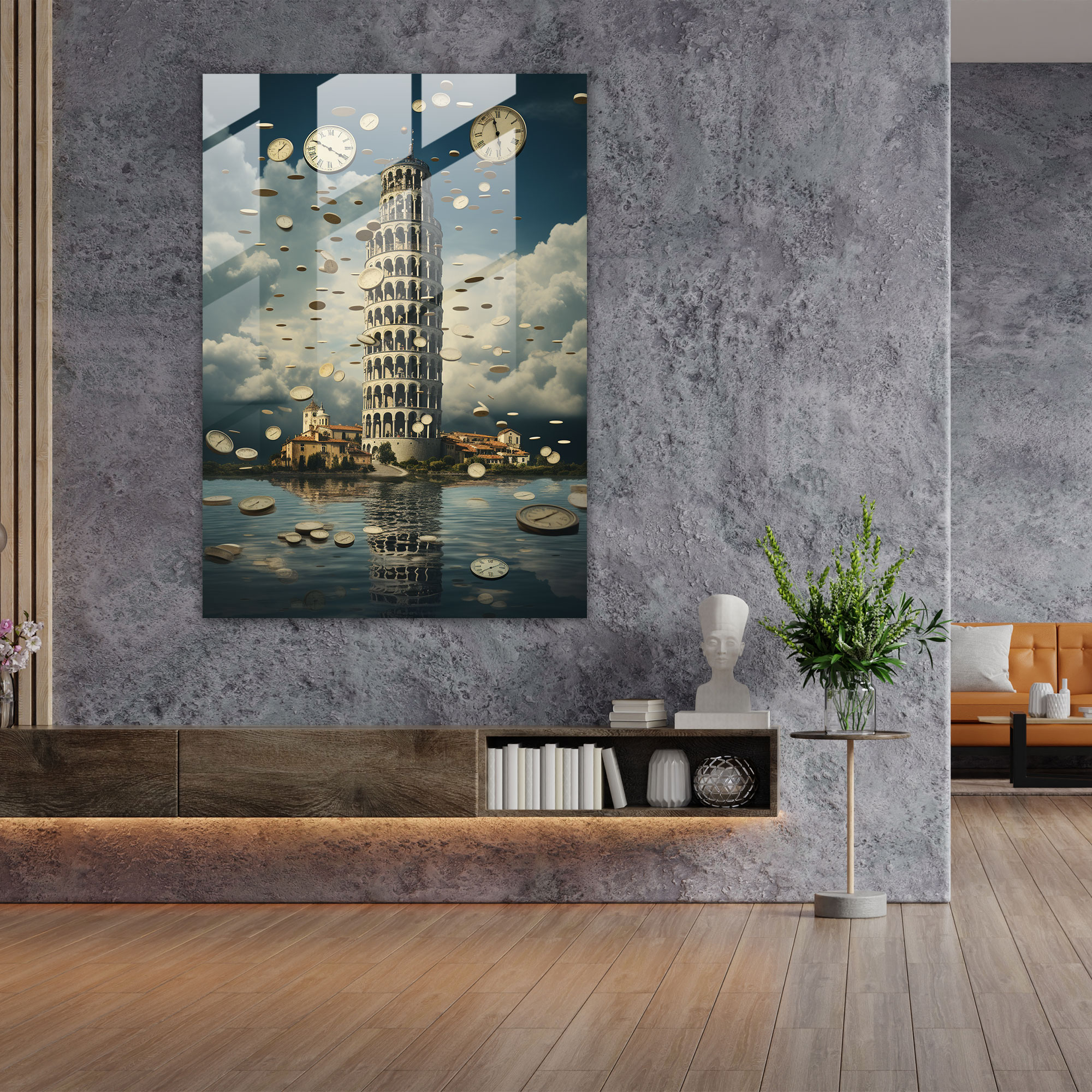 Leaning Tower Of Pisa Glass Print - Leaning Tower Of Pisa, Leaning Tower Of Pisa, Surreal Collage, Wall Decoration