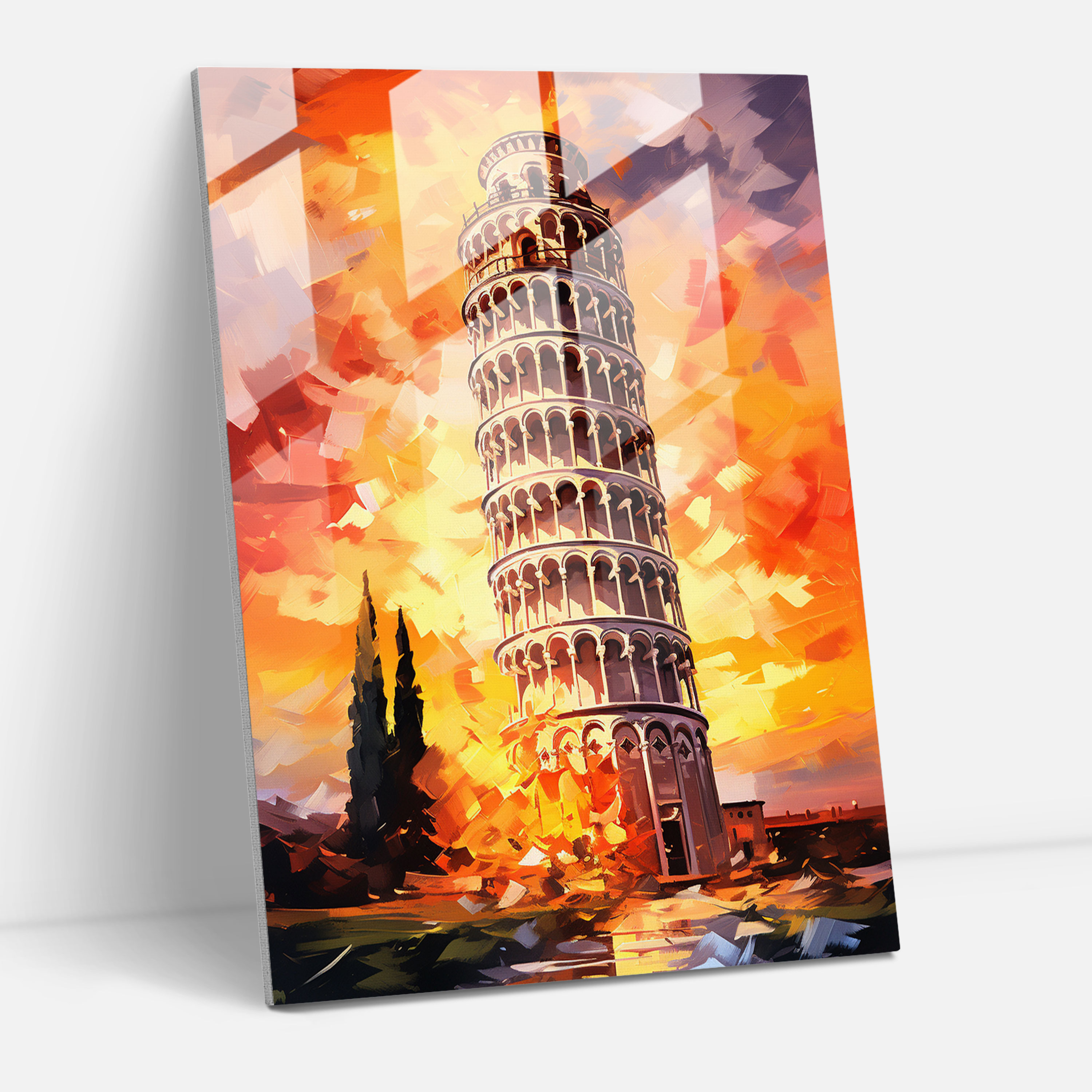 Leaning Tower Of Pisa Impressionist Glass Print - Leaning Tower Of Pisa, Romantic Depiction, Soft Brushstrokes, Impressionist Glass Print
