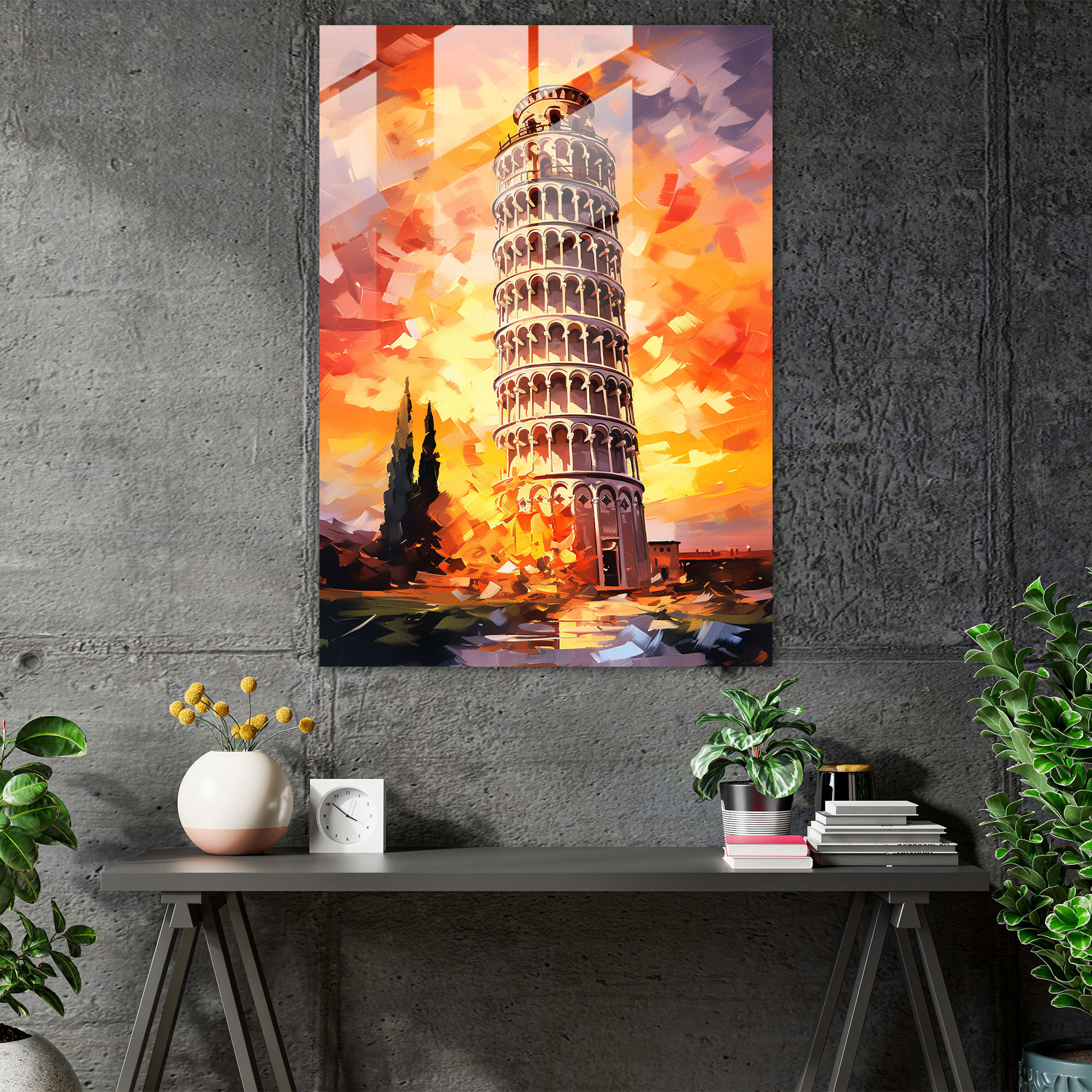 Leaning Tower Of Pisa Impressionist Glass Print - Leaning Tower Of Pisa, Romantic Depiction, Soft Brushstrokes, Impressionist Glass Print