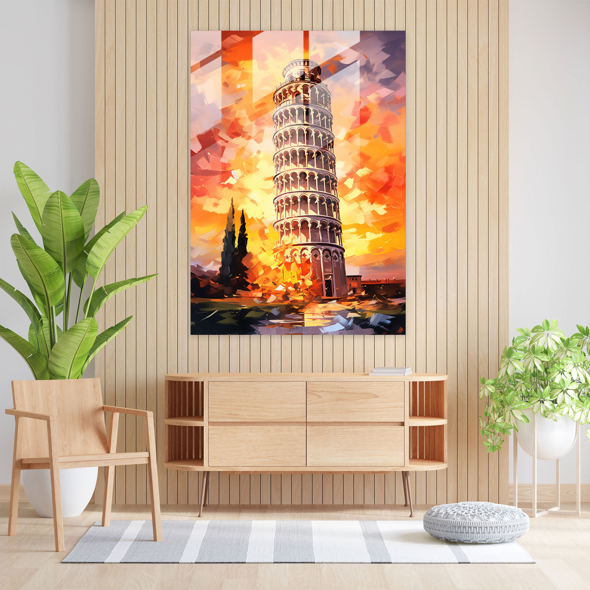 Leaning Tower Of Pisa Impressionist Glass Print - Leaning Tower Of Pisa, Romantic Depiction, Soft Brushstrokes, Impressionist Glass Print