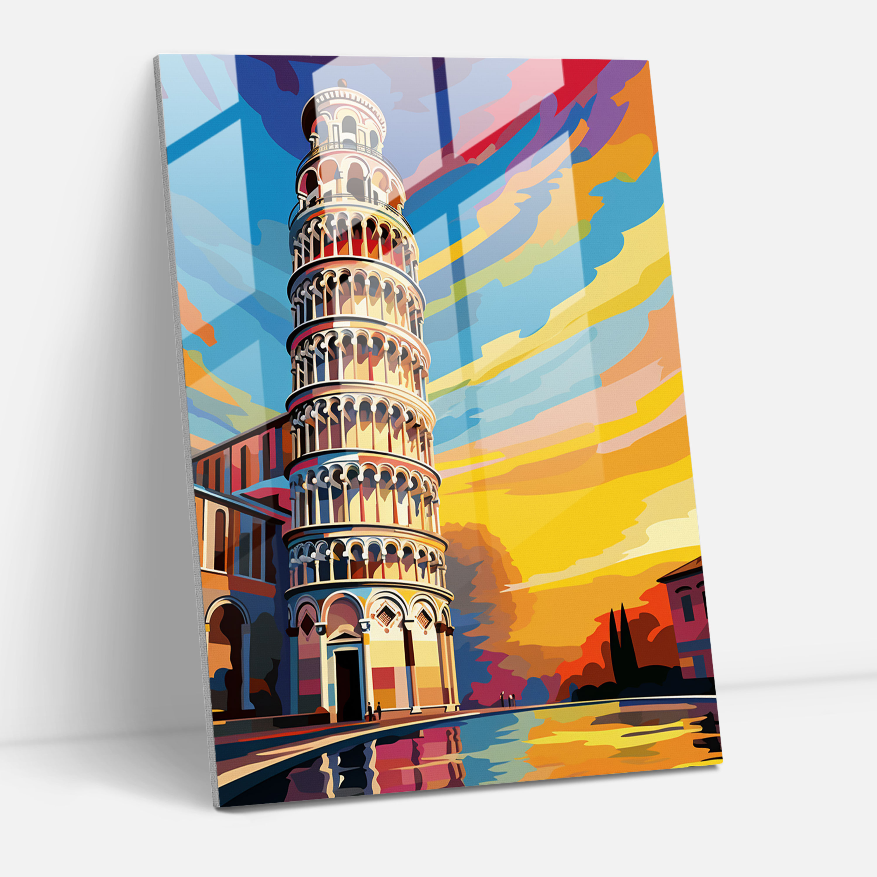 Leaning Tower Of Pisa Pop Art Glass Print - Leaning Tower Of Pisa, Contrasting Colors, Graphic Elements, Leaning Tower Of Pisa