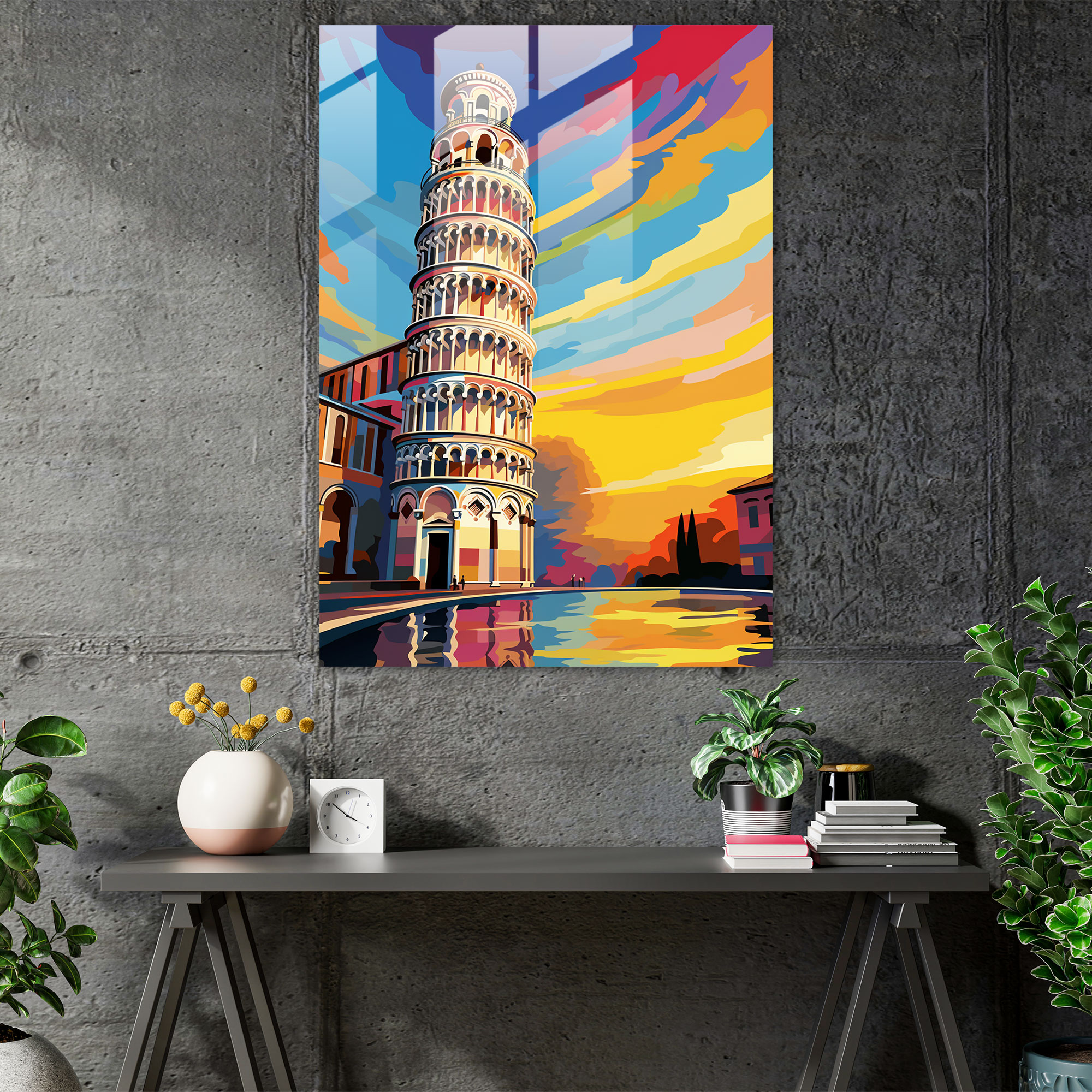 Leaning Tower Of Pisa Pop Art Glass Print - Leaning Tower Of Pisa, Contrasting Colors, Graphic Elements, Leaning Tower Of Pisa