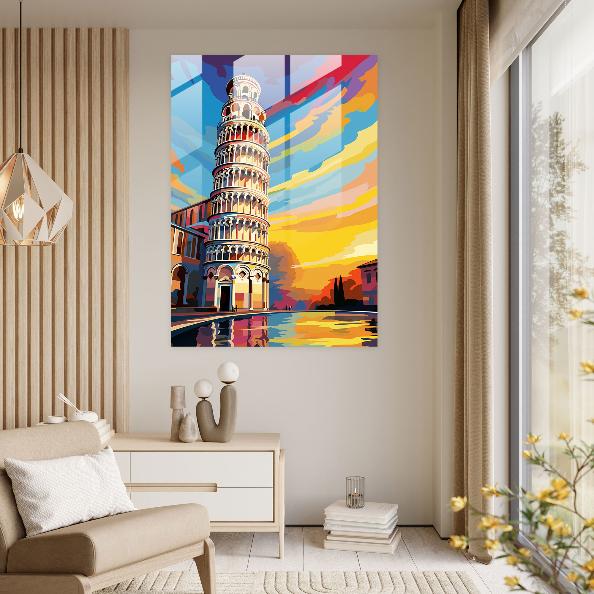 Leaning Tower Of Pisa Pop Art Glass Print - Leaning Tower Of Pisa, Contrasting Colors, Graphic Elements, Leaning Tower Of Pisa