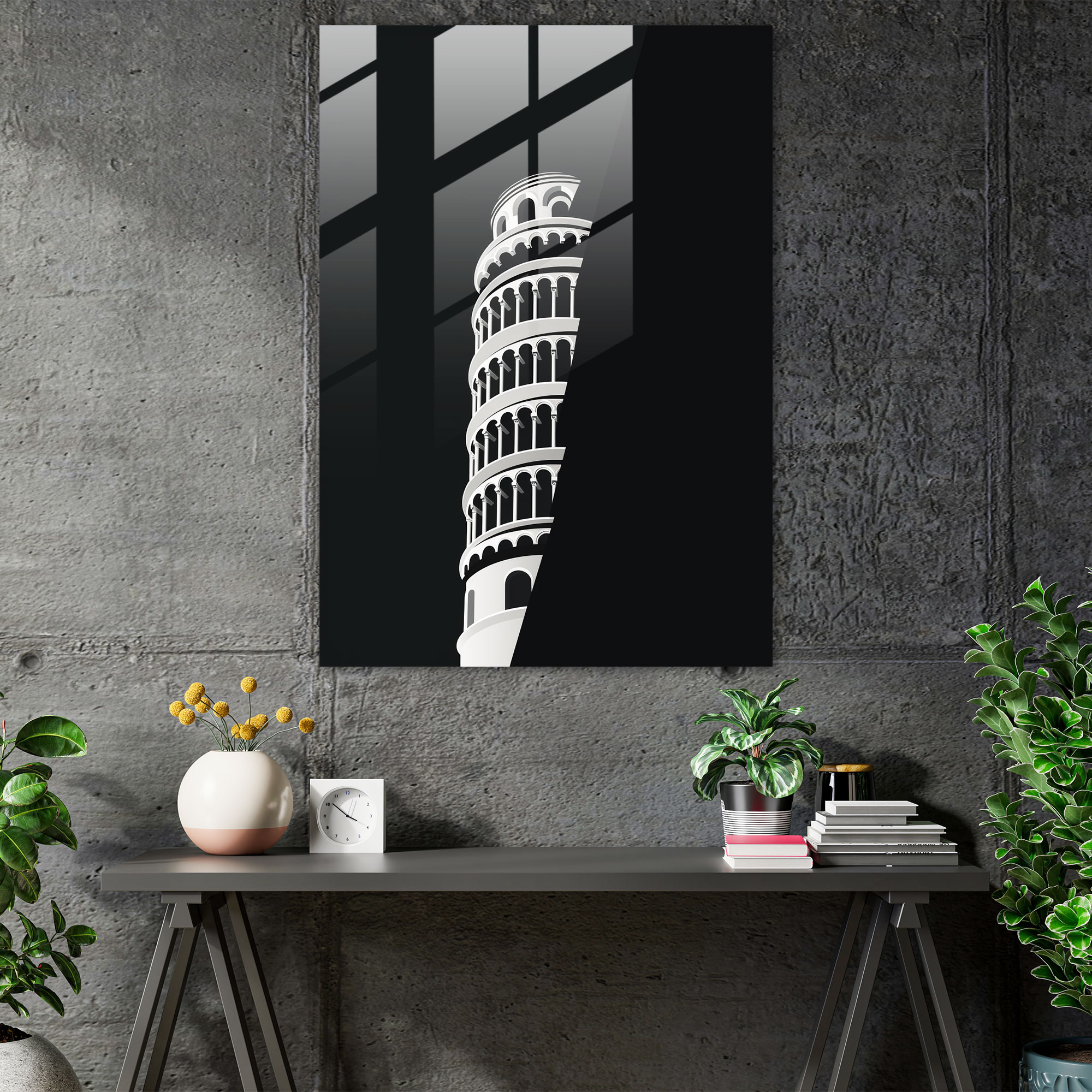 Leaning Tower Of Pisa Minimalist Glass Art - Leaning Tower Of Pisa, Minimalist Glass Art, Glass Wall Art, Monochromatic Color Palette