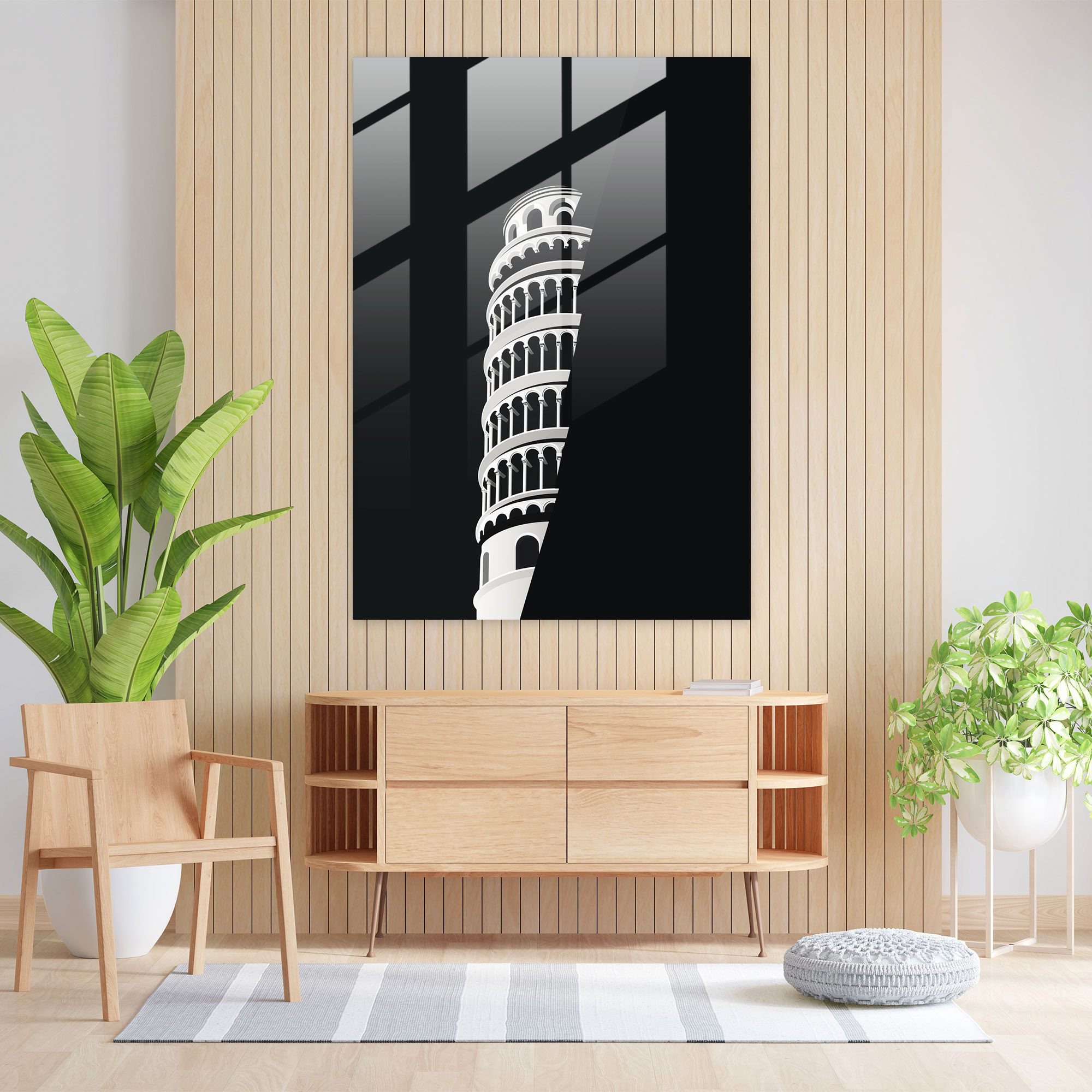 Leaning Tower Of Pisa Minimalist Glass Art - Leaning Tower Of Pisa, Minimalist Glass Art, Glass Wall Art, Monochromatic Color Palette
