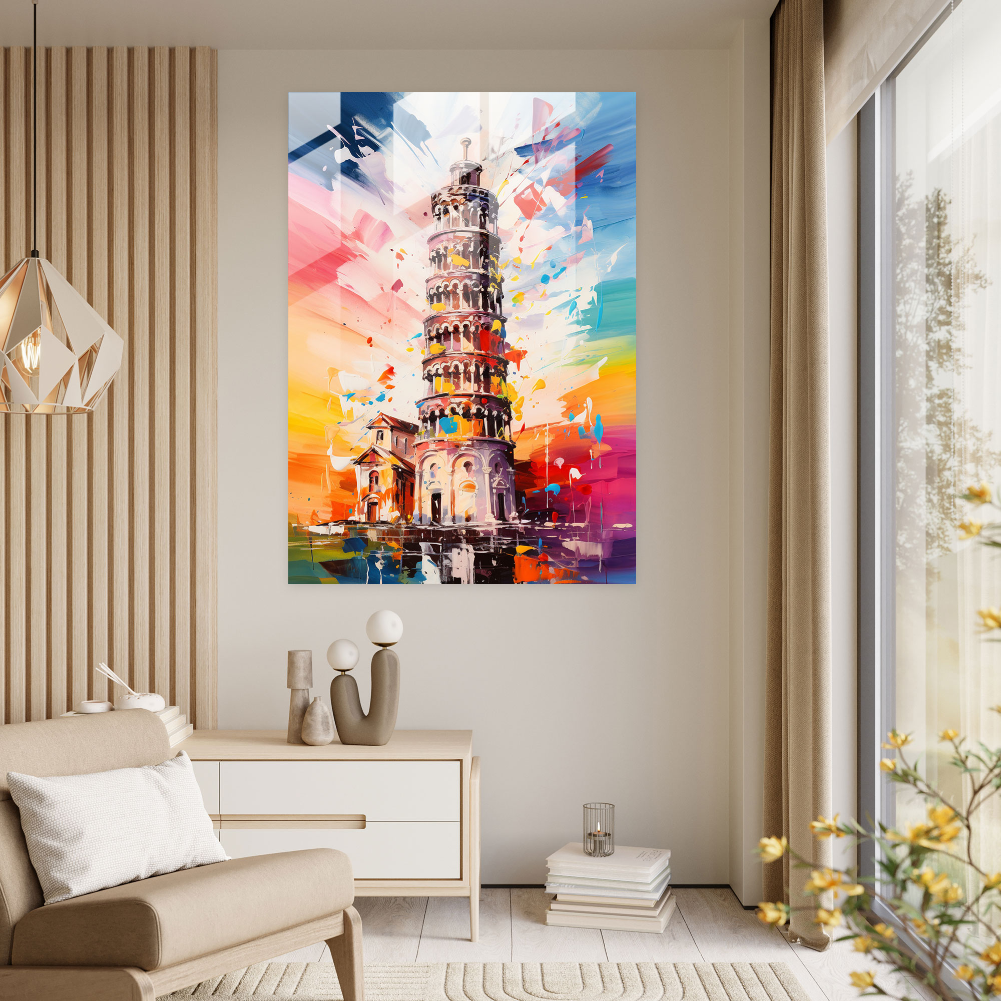 Leaning Tower Of Pisa Abstract Expressionist Glass Print - Leaning Tower Of Pisa, Home Decoration, Vibrant Colors, Wall Decoration