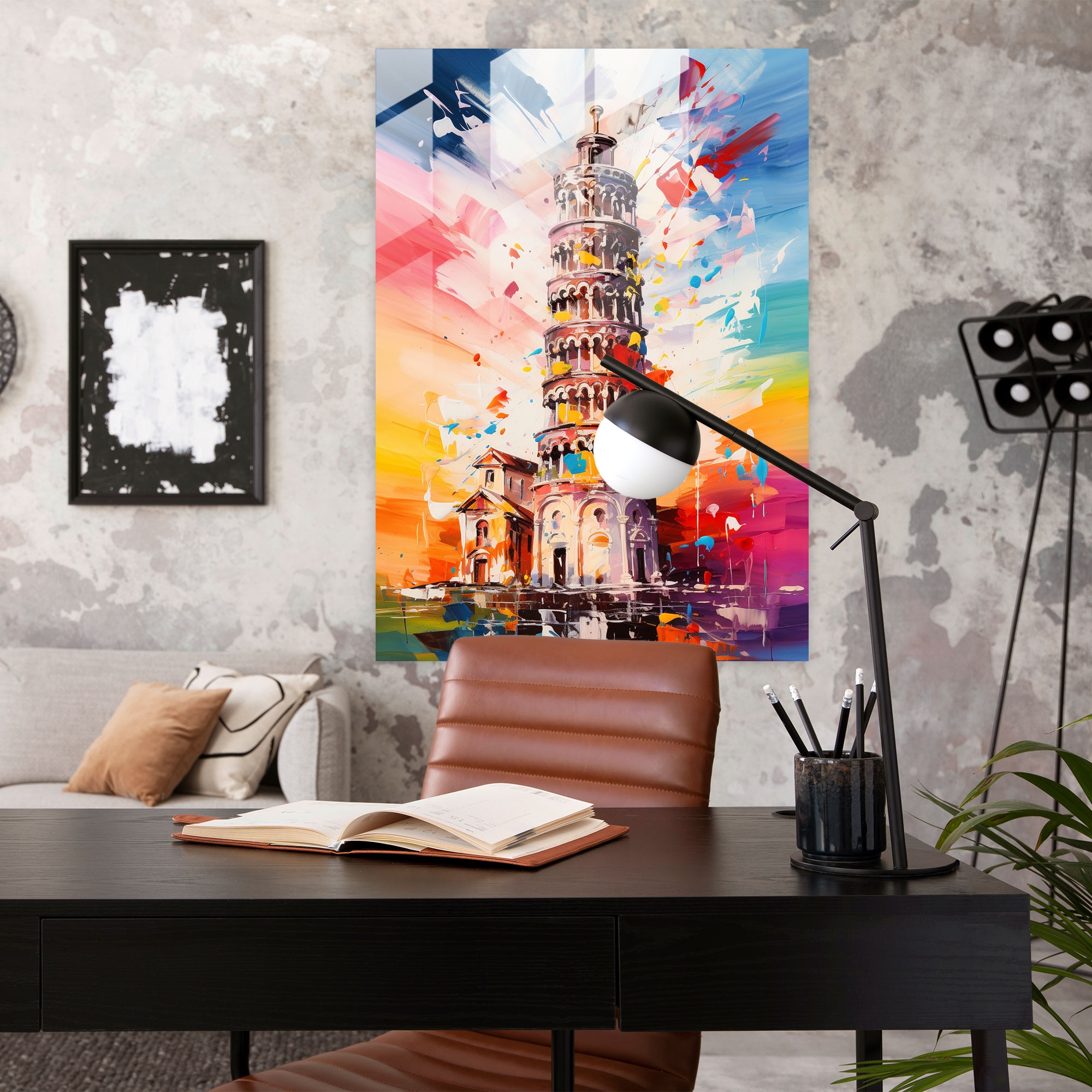 Leaning Tower Of Pisa Abstract Expressionist Glass Print - Leaning Tower Of Pisa, Home Decoration, Vibrant Colors, Wall Decoration