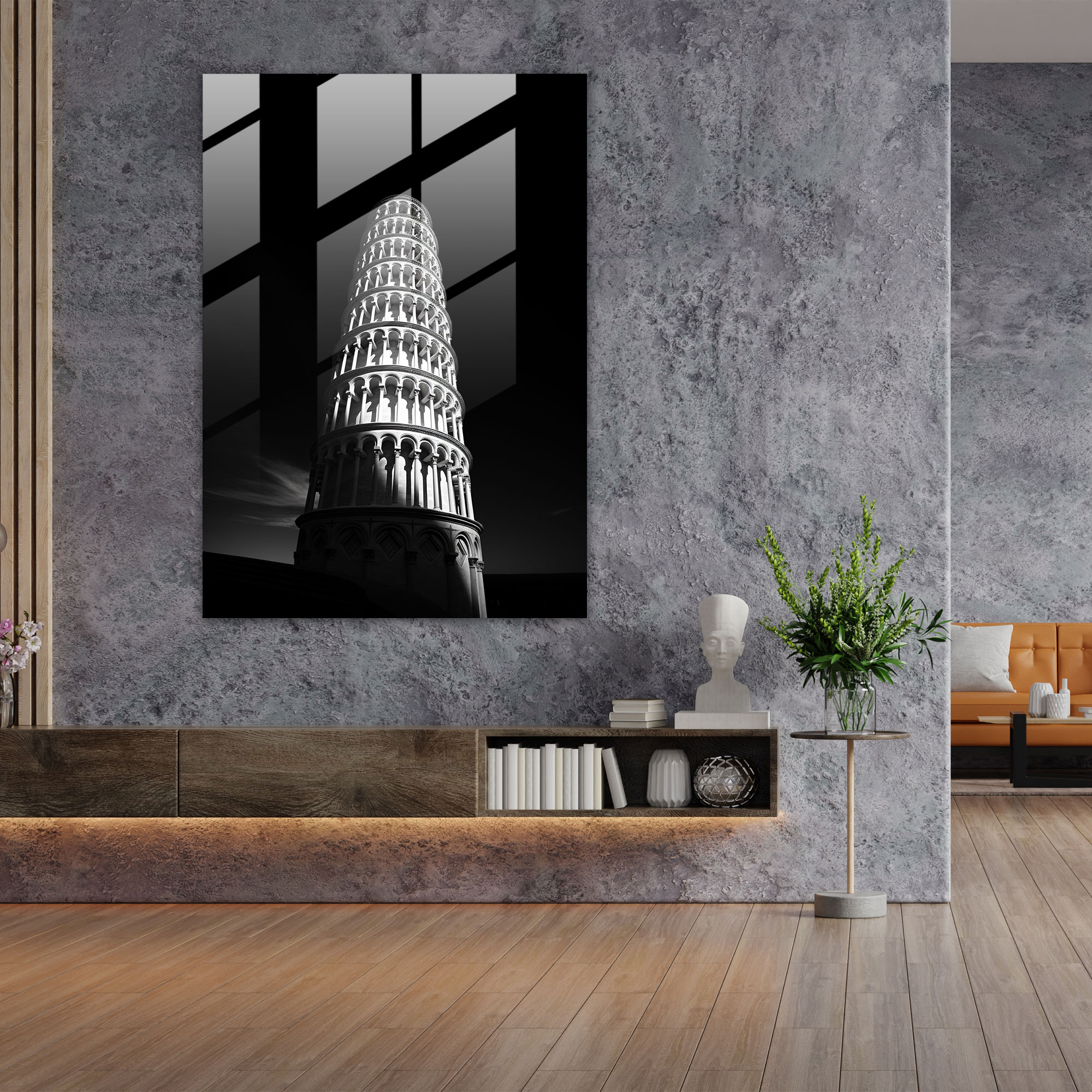 Leaning Tower Of Pisa Glass Wall Art - Leaning Tower Of Pisa, Glass Wall Art, Glass Art, Minimalist Black And White Composition