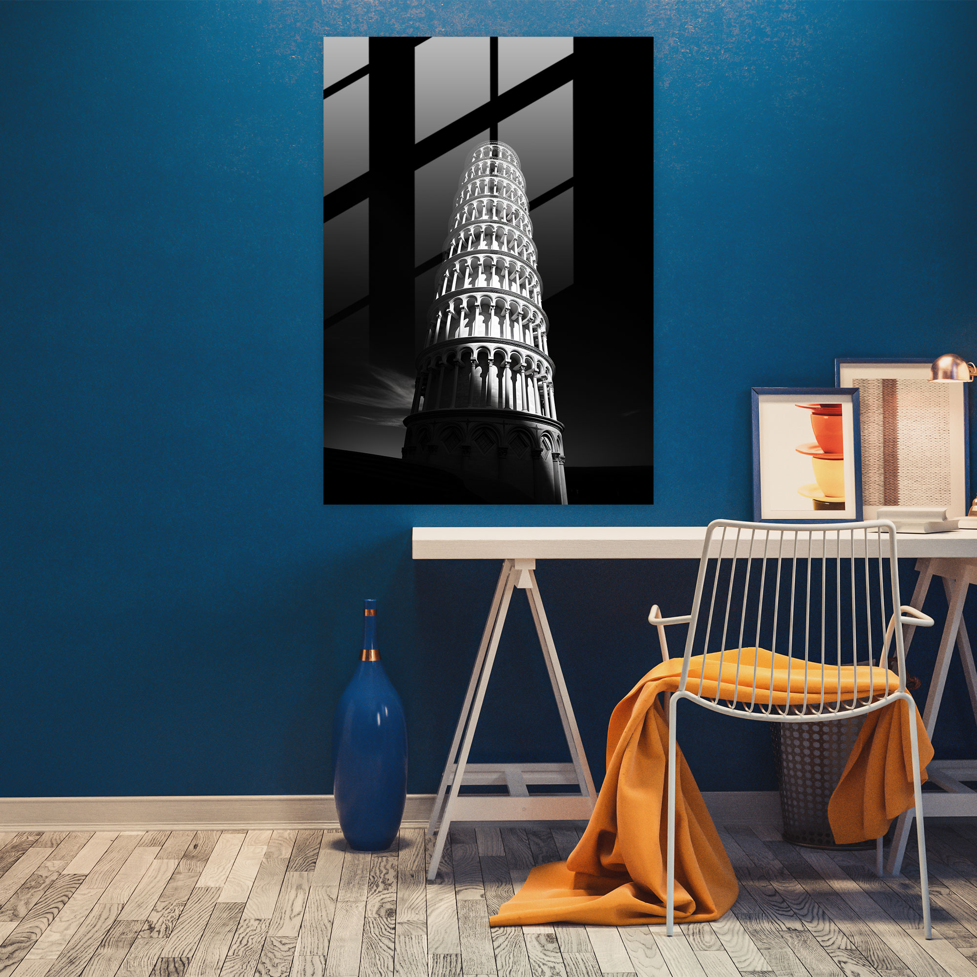 Leaning Tower Of Pisa Glass Wall Art - Leaning Tower Of Pisa, Glass Wall Art, Glass Art, Minimalist Black And White Composition