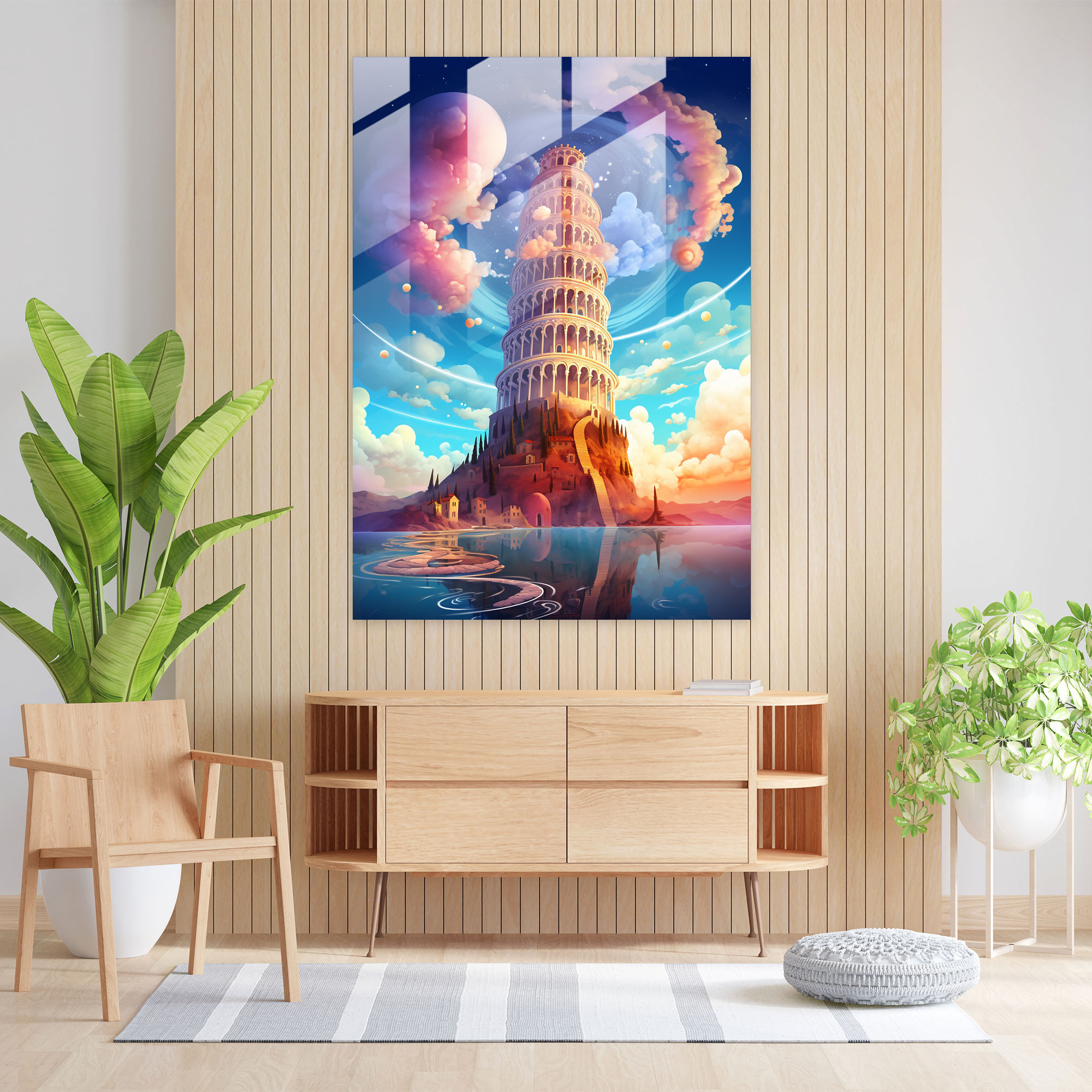 Leaning Tower Of Pisa Digital Glass Print - Leaning Tower Of Pisa, Digital Illustration, Modern Art, Home Decoration