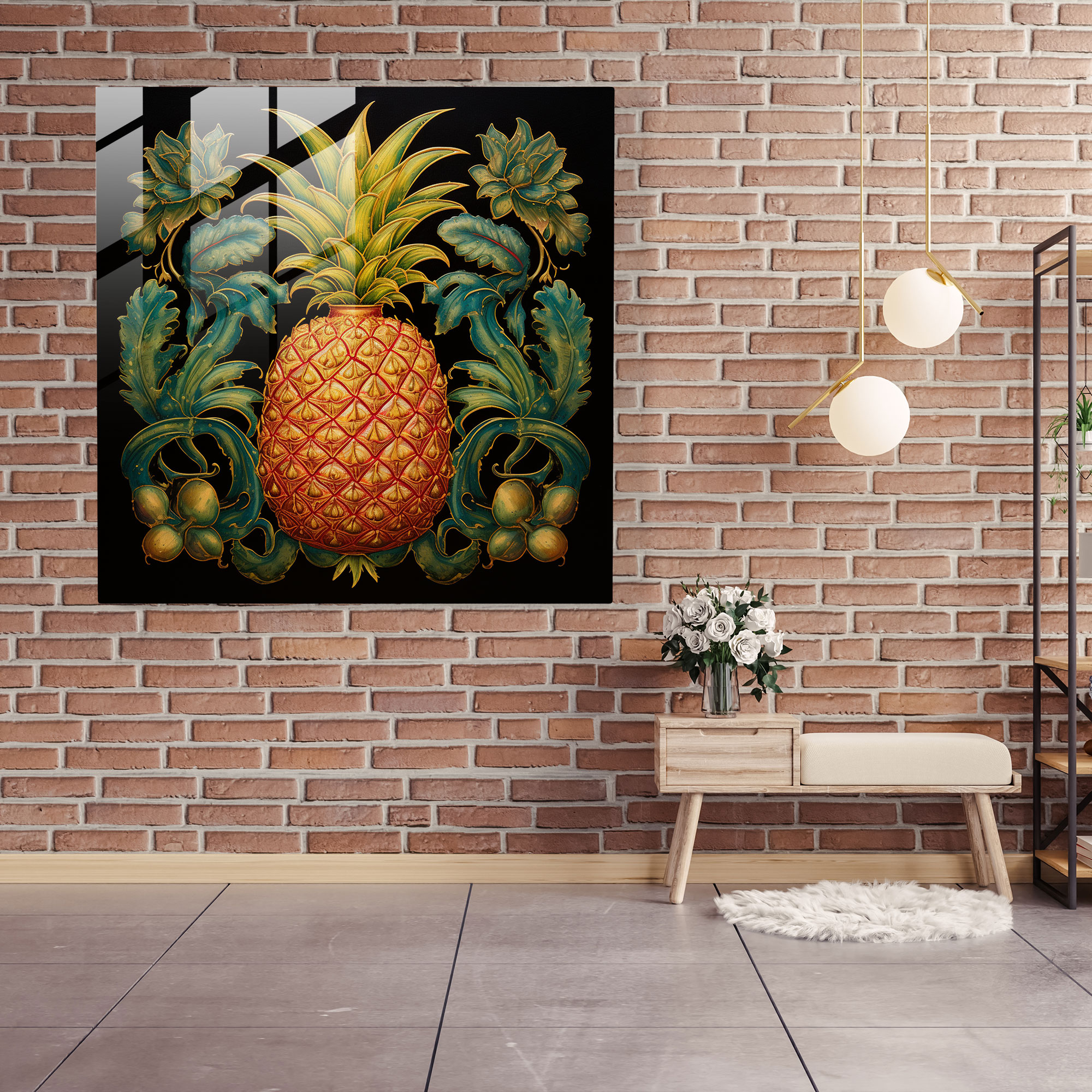 Fein gearbeitetes Ananas Handgemaltes Glasbild - Ananas Glas Wandkunst Feine Details Wanddekoration
