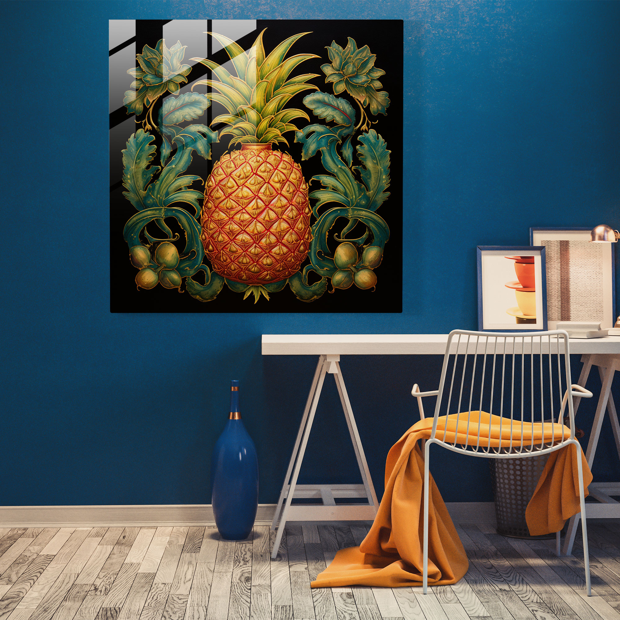 Fein gearbeitetes Ananas Handgemaltes Glasbild - Ananas Glas Wandkunst Feine Details Wanddekoration