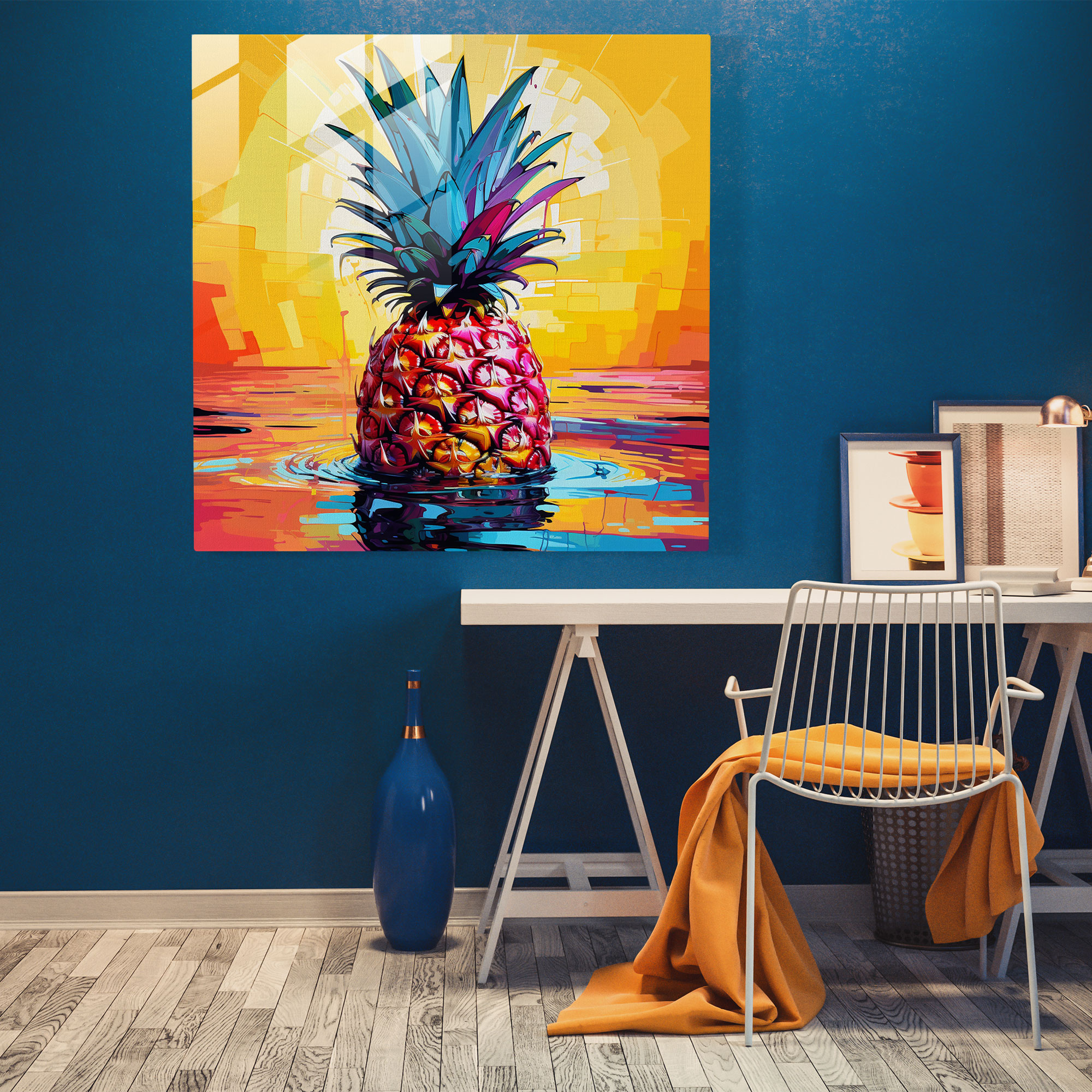 Pineapple Glasbild im Pop-Art-Stil - Ananas lebendige Farben Wanddekoration