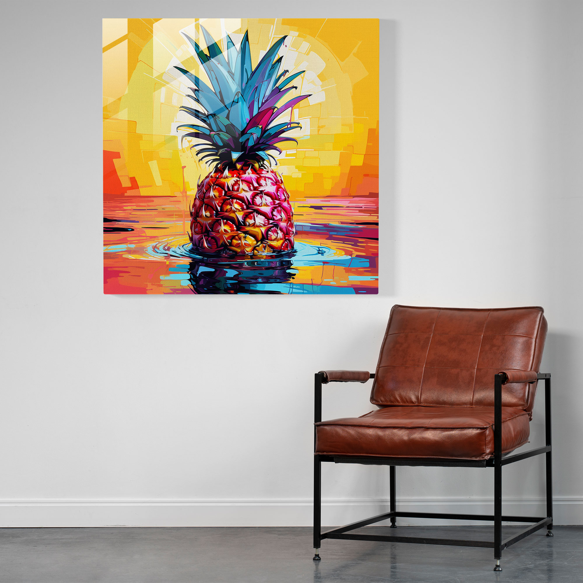 Pineapple Glasbild im Pop-Art-Stil - Ananas lebendige Farben Wanddekoration