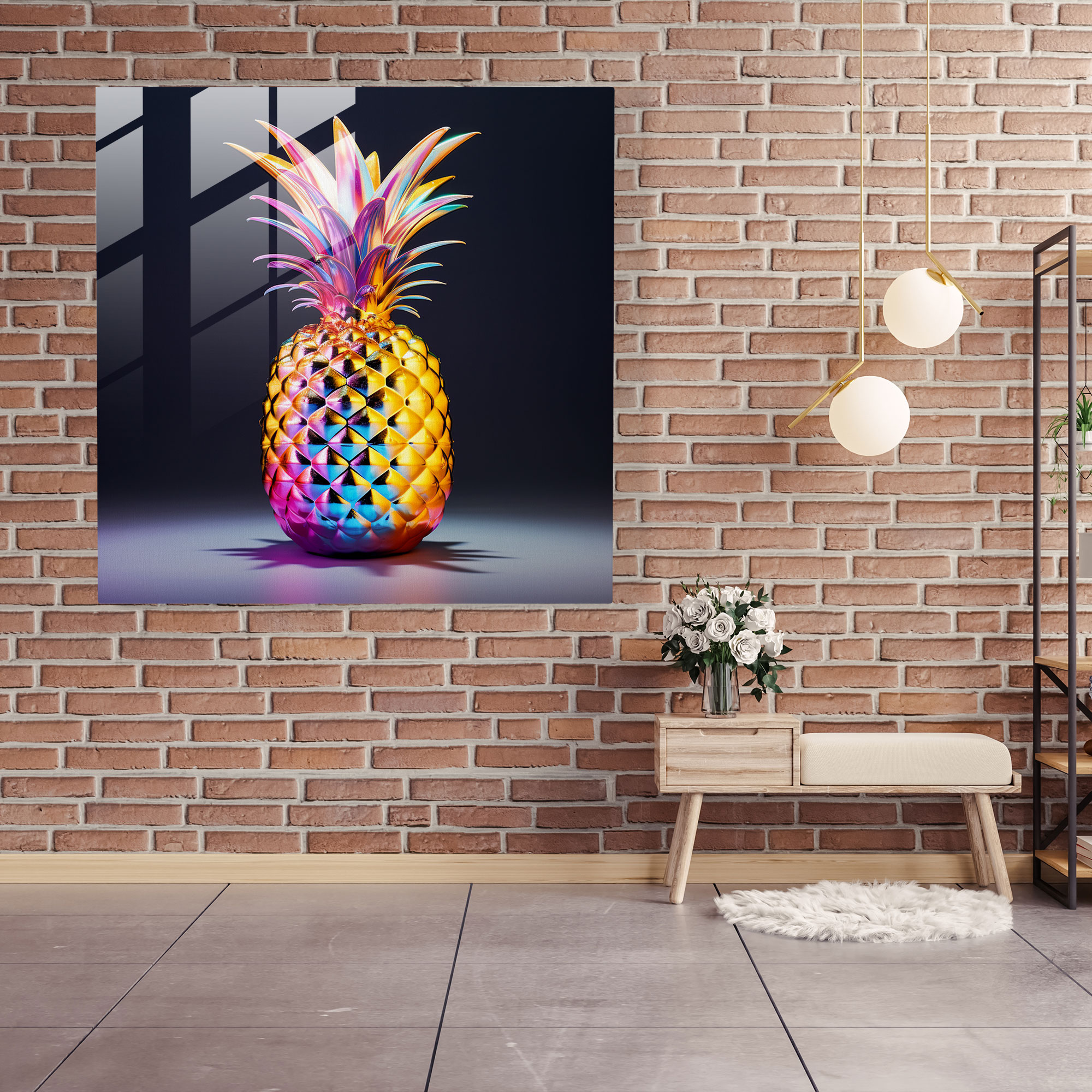 Holographisches Ananas Futuristisches Glasbild - Ananas holographischer Effekt Glas Wandkunst futuristisch