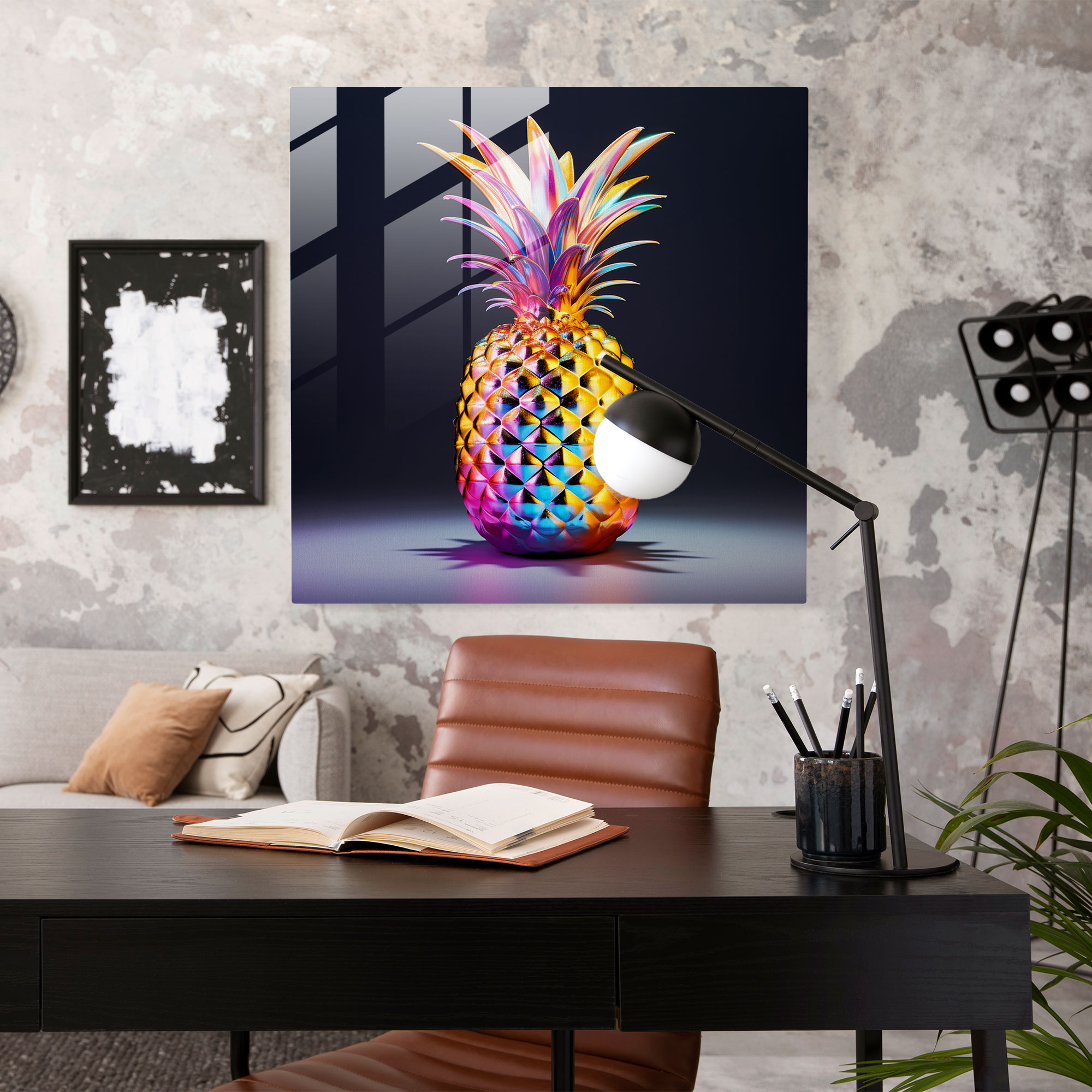 Holographisches Ananas Futuristisches Glasbild - Ananas holographischer Effekt Glas Wandkunst futuristisch