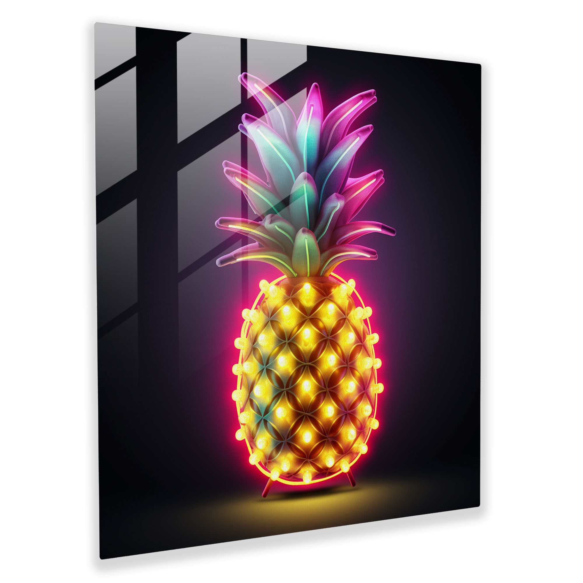 Neon Glow Pineapple Glass Print - Pineapple, Glass Art, Neon Sign, Glass Wall Art