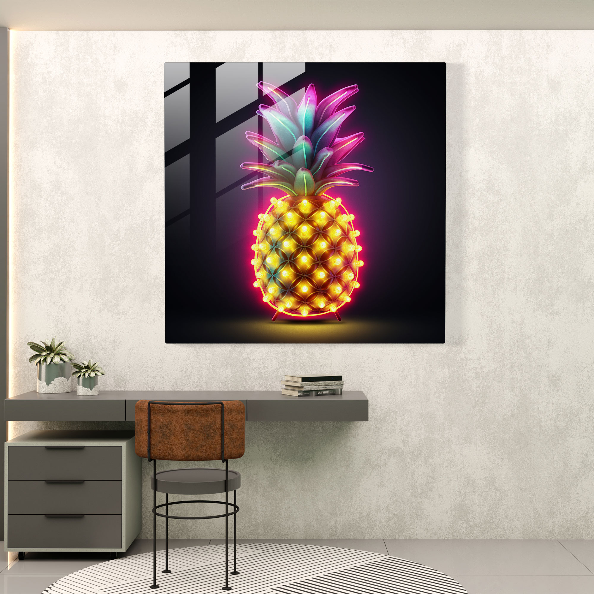 Neon Glow Pineapple Glass Print - Pineapple, Glass Art, Neon Sign, Glass Wall Art