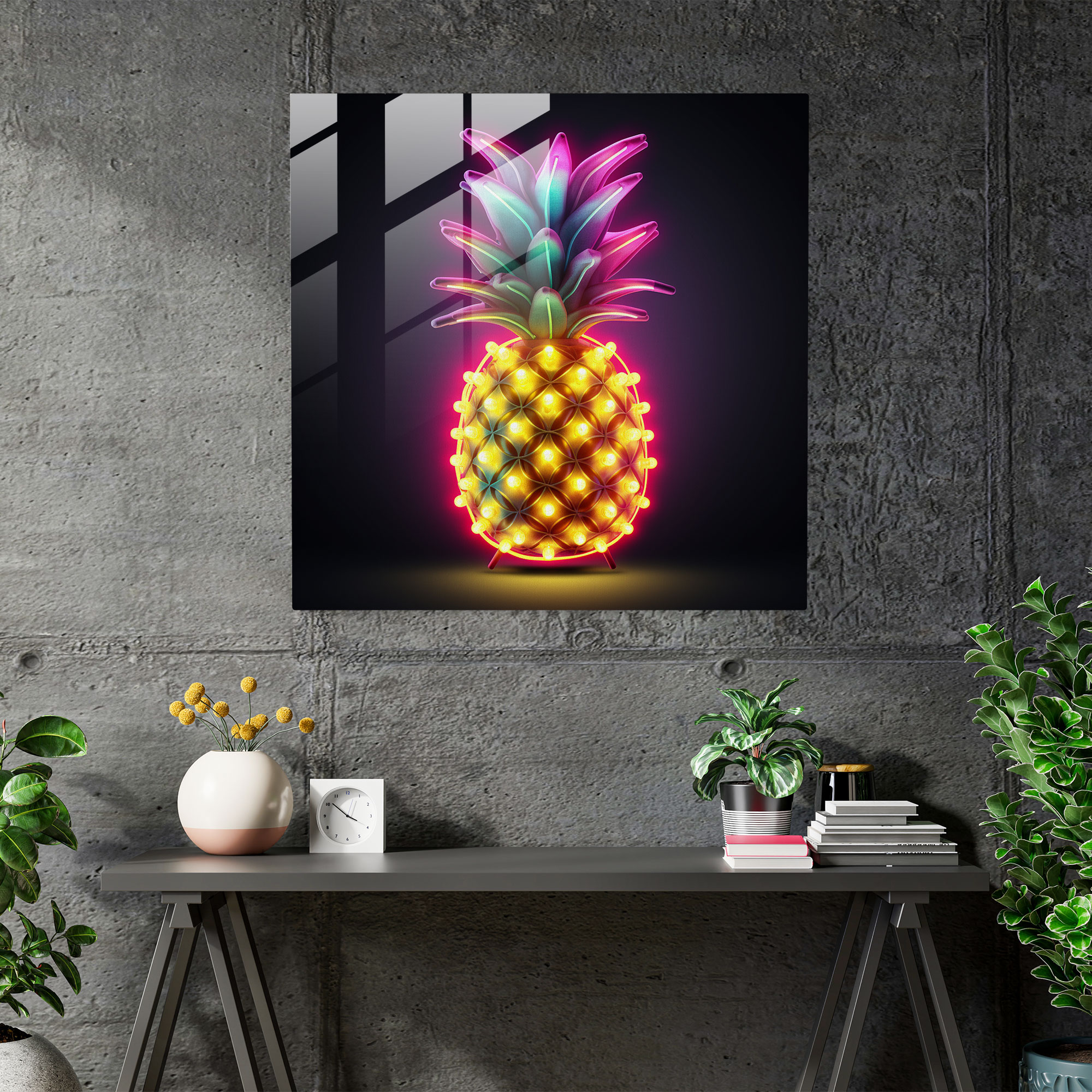 Neon Glow Pineapple Glass Print - Pineapple, Glass Art, Neon Sign, Glass Wall Art