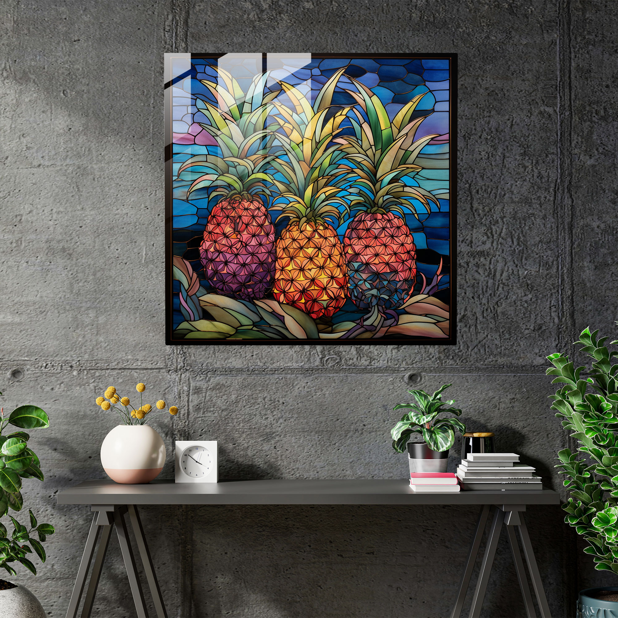 Mosaik Ananas Glasbild - Ananas Wanddekoration Detailreich Wohnaccessoire