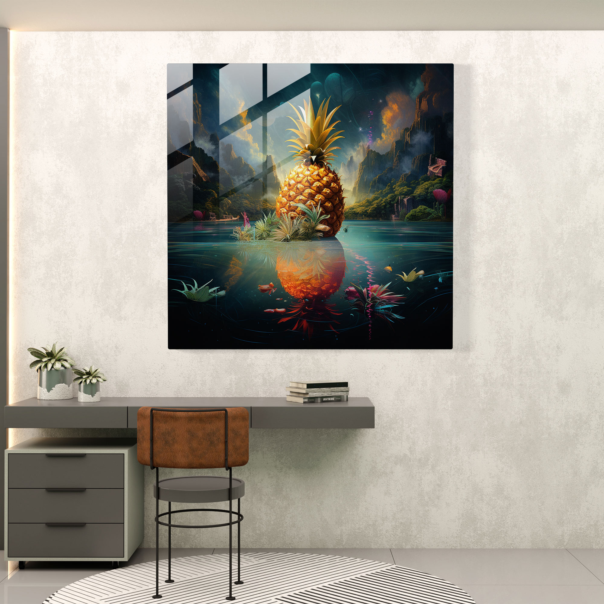 Dreamscape Pineapple Glass Print - Pineapple, Wall Decoration, Glass Art, Mixed Media Artwork
