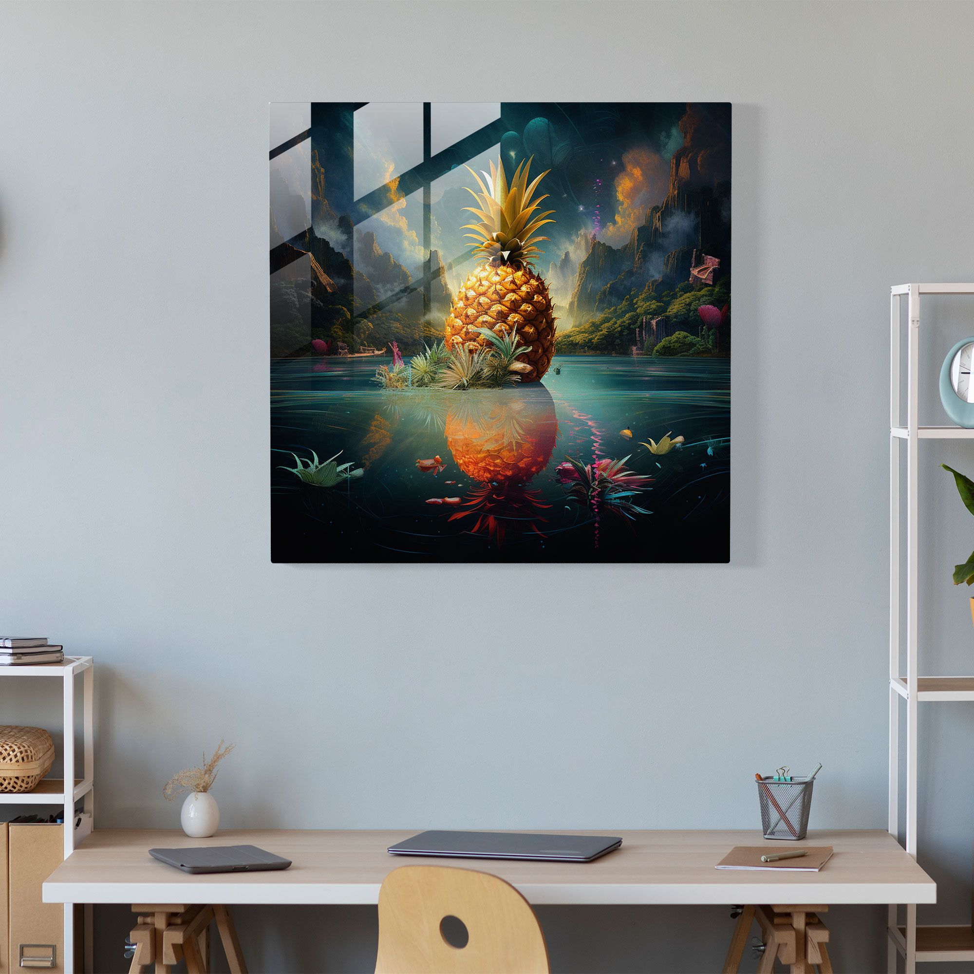Dreamscape Pineapple Glass Print - Pineapple, Wall Decoration, Glass Art, Mixed Media Artwork