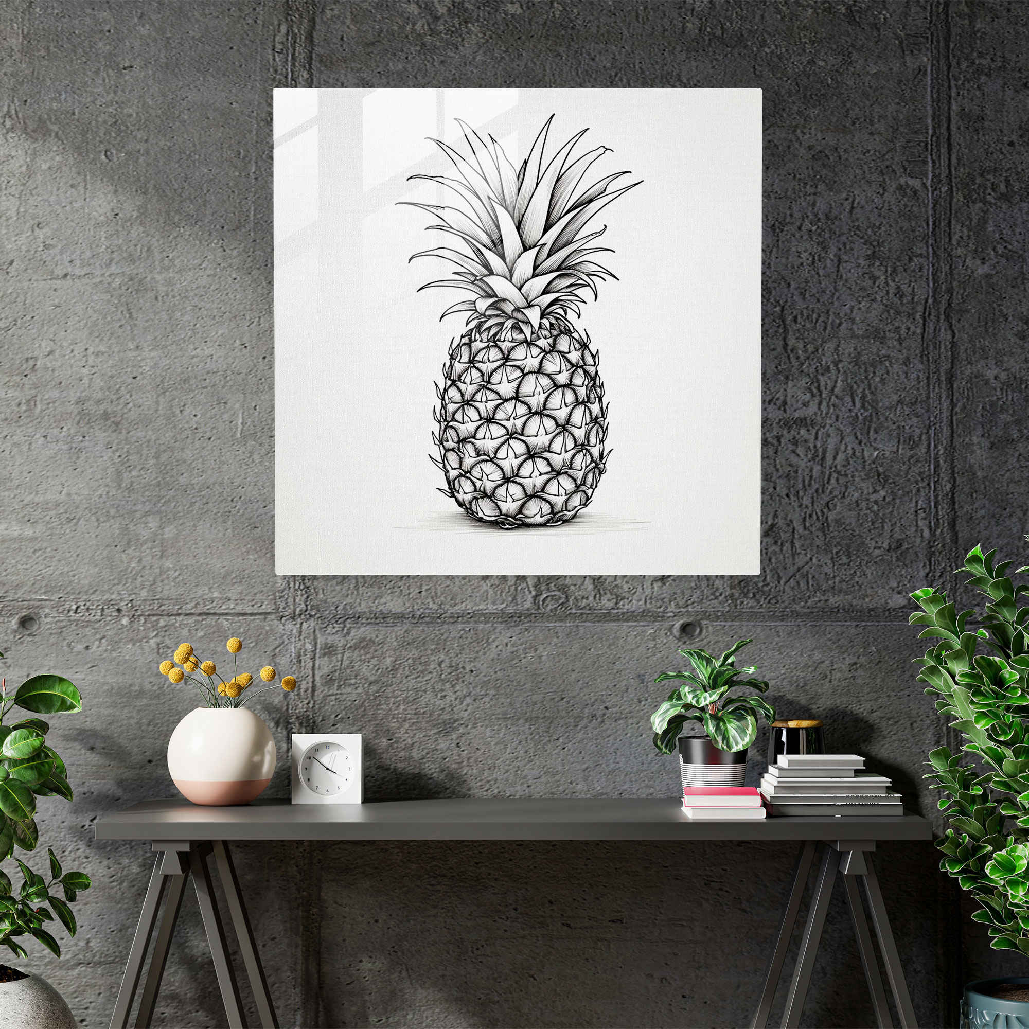 Glasbild Ananas - Ananas Glas Wandkunst Linienzeichnung Wanddekoration.