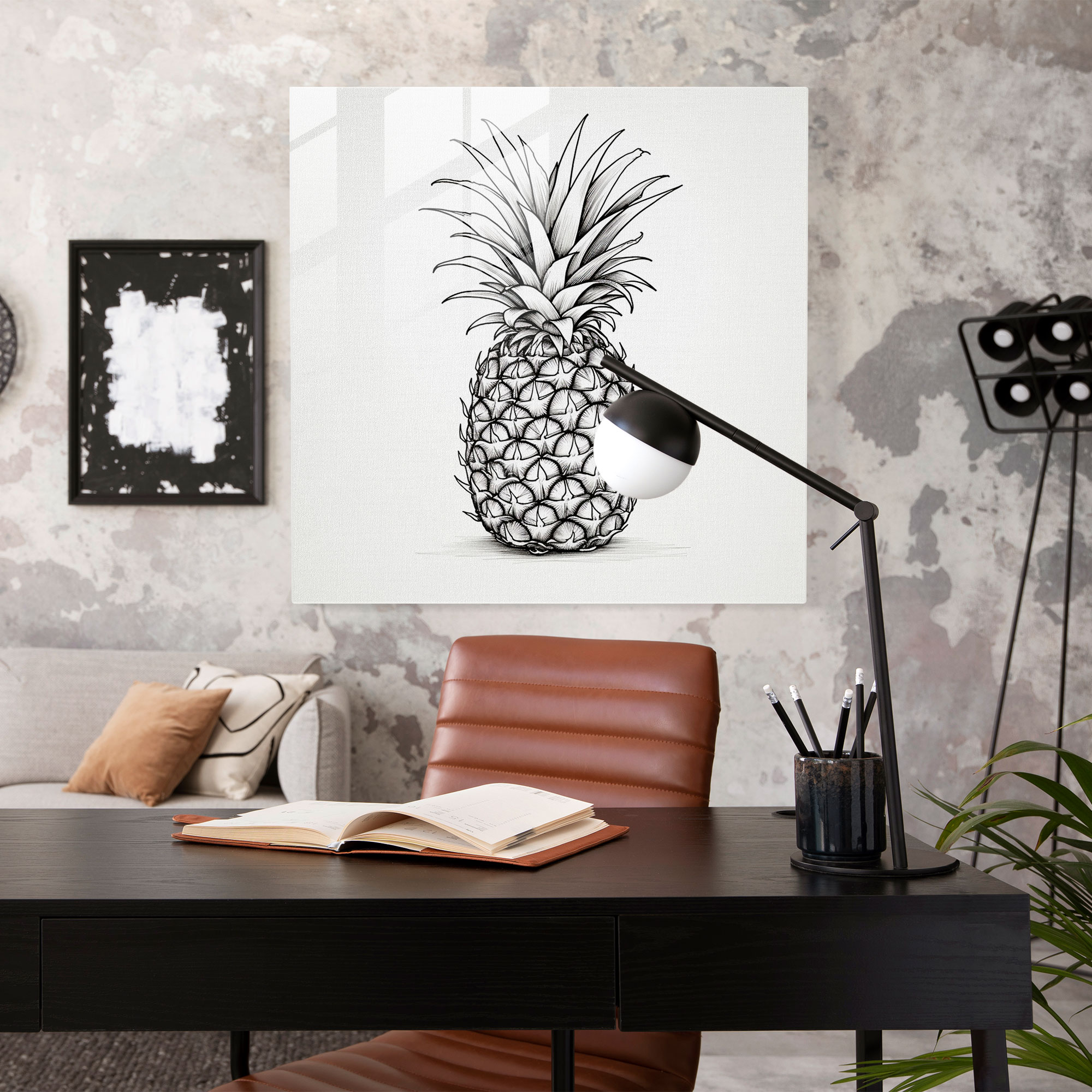 Glasbild Ananas - Ananas Glas Wandkunst Linienzeichnung Wanddekoration.