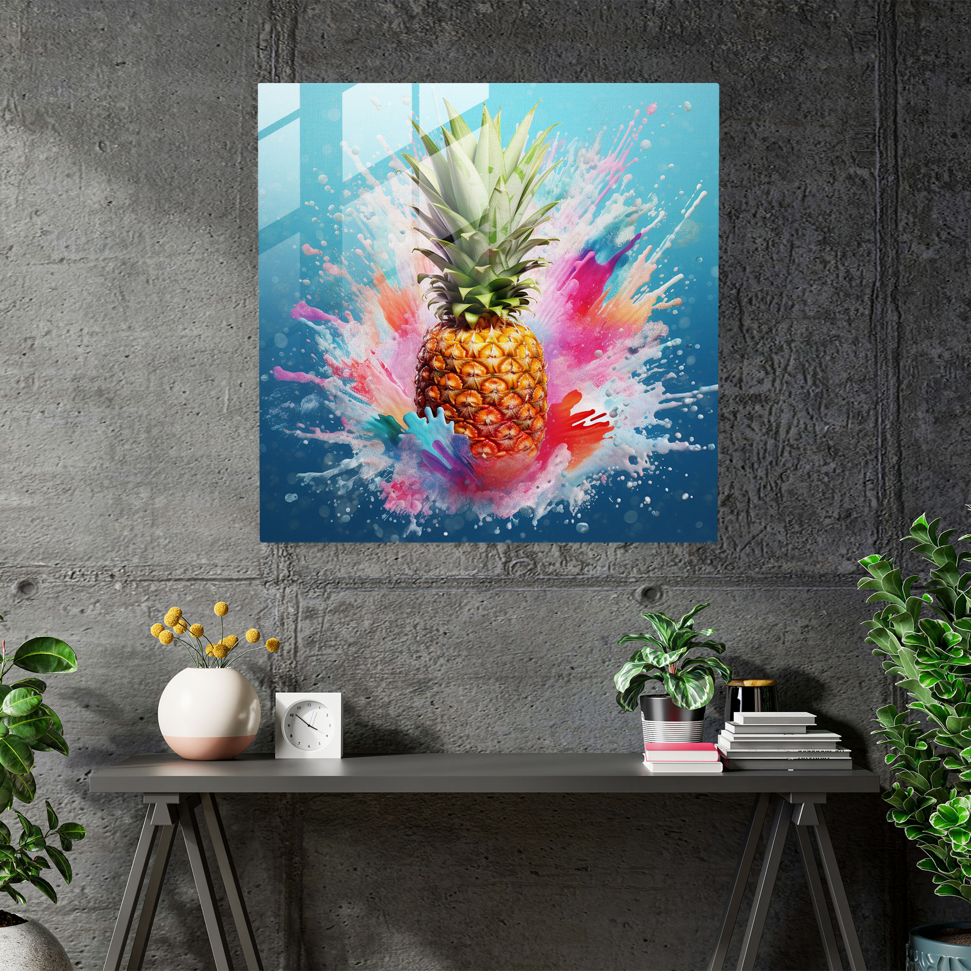 Colorful Watercolor Pineapple Glass Print - Pineapple, Modern Art, Glass Art, Home Decoration