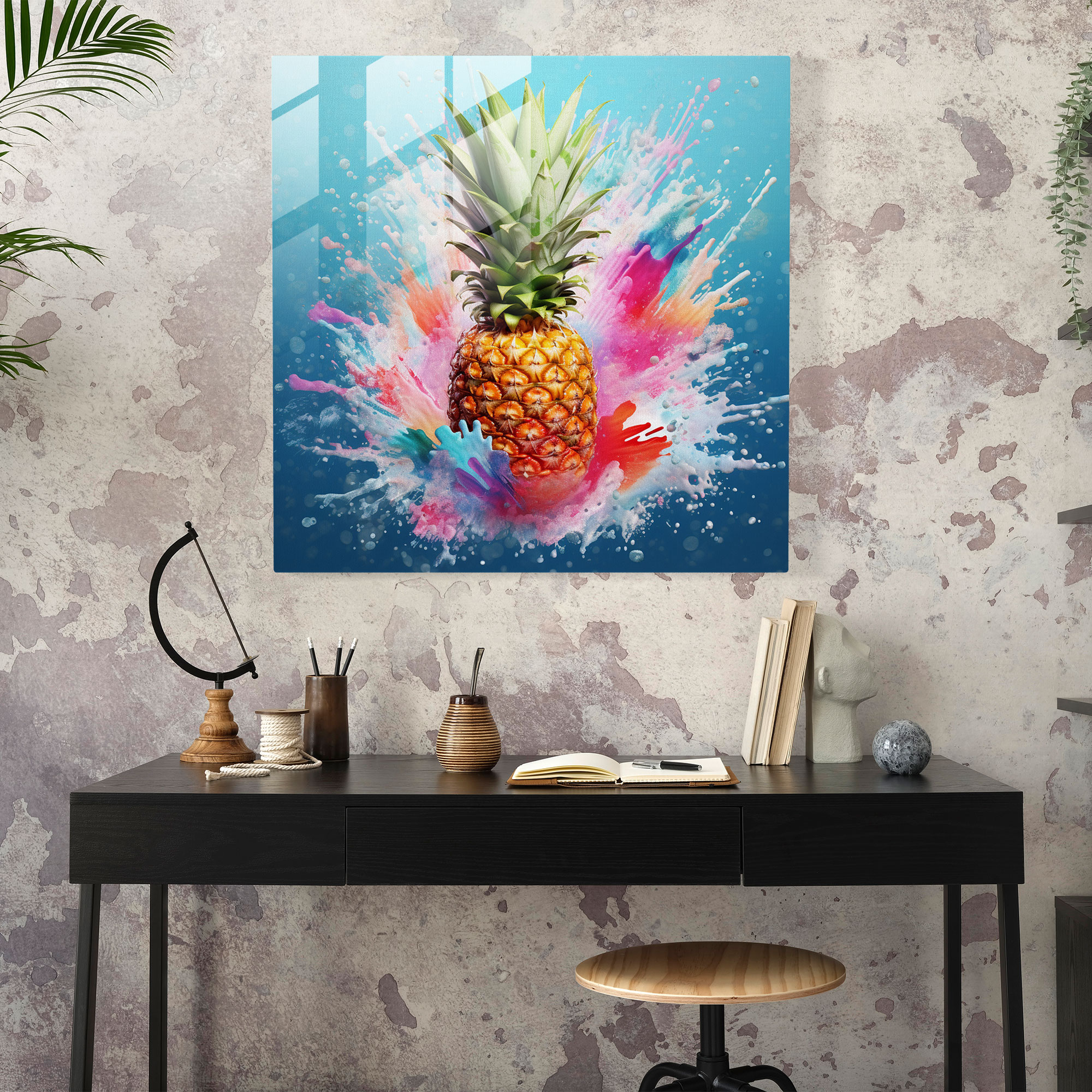 Colorful Watercolor Pineapple Glass Print - Pineapple, Modern Art, Glass Art, Home Decoration