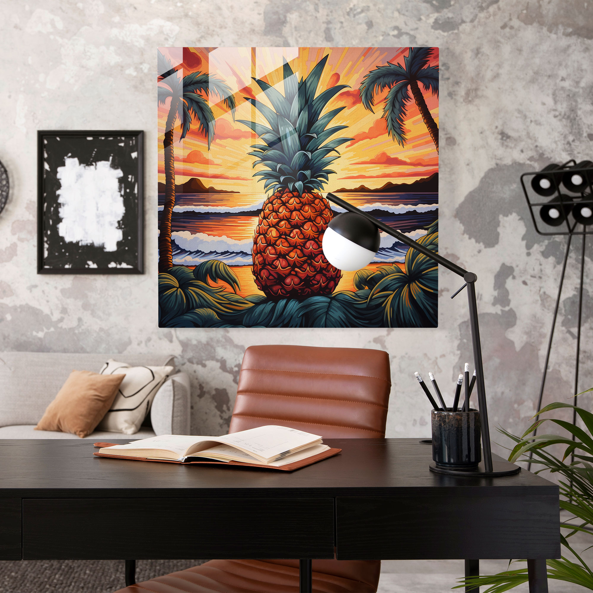 Hand-Painted Pineapple Beach Glass Print - Pineapple, Modern Art, Pineapple, Glass Art