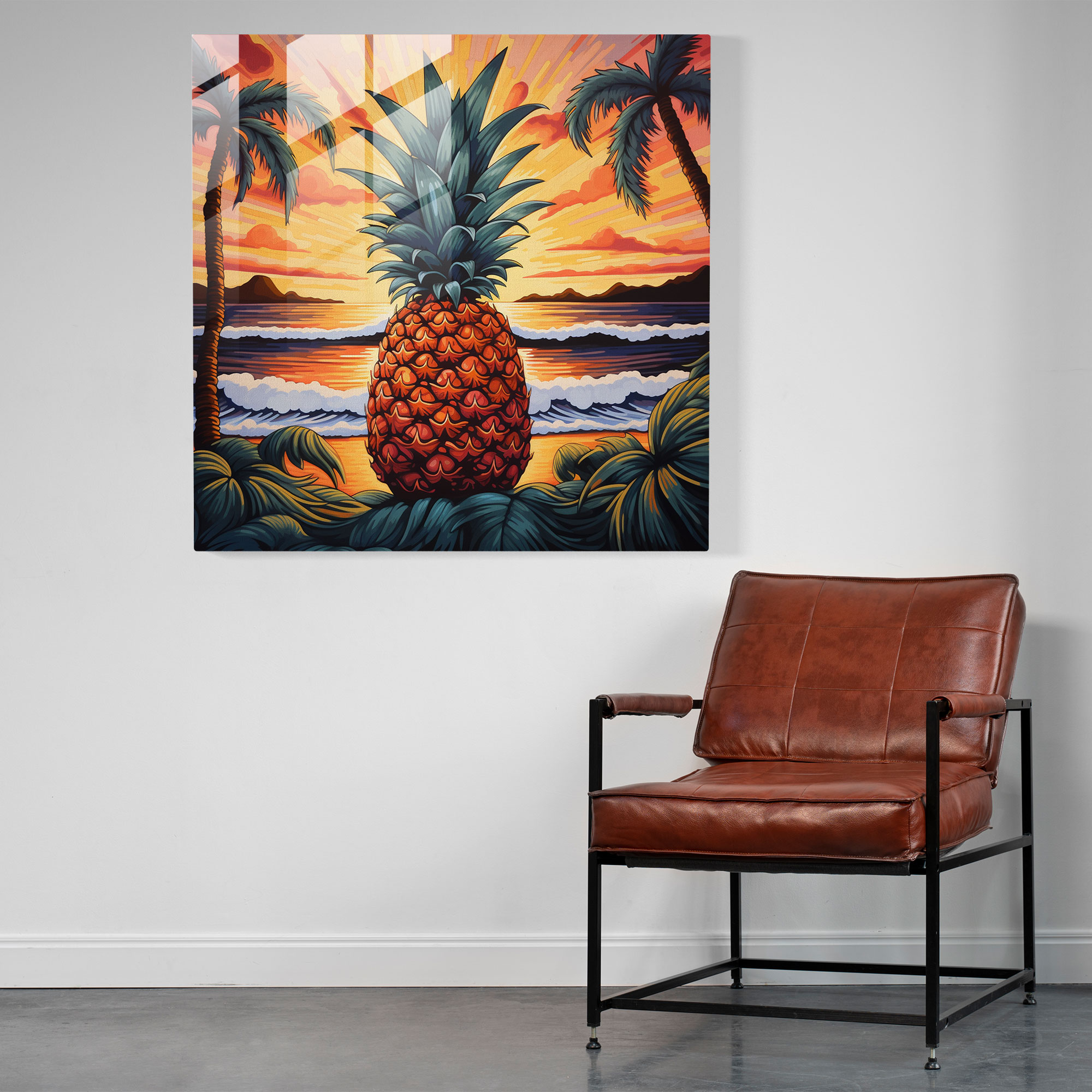 Hand-Painted Pineapple Beach Glass Print - Pineapple, Modern Art, Pineapple, Glass Art